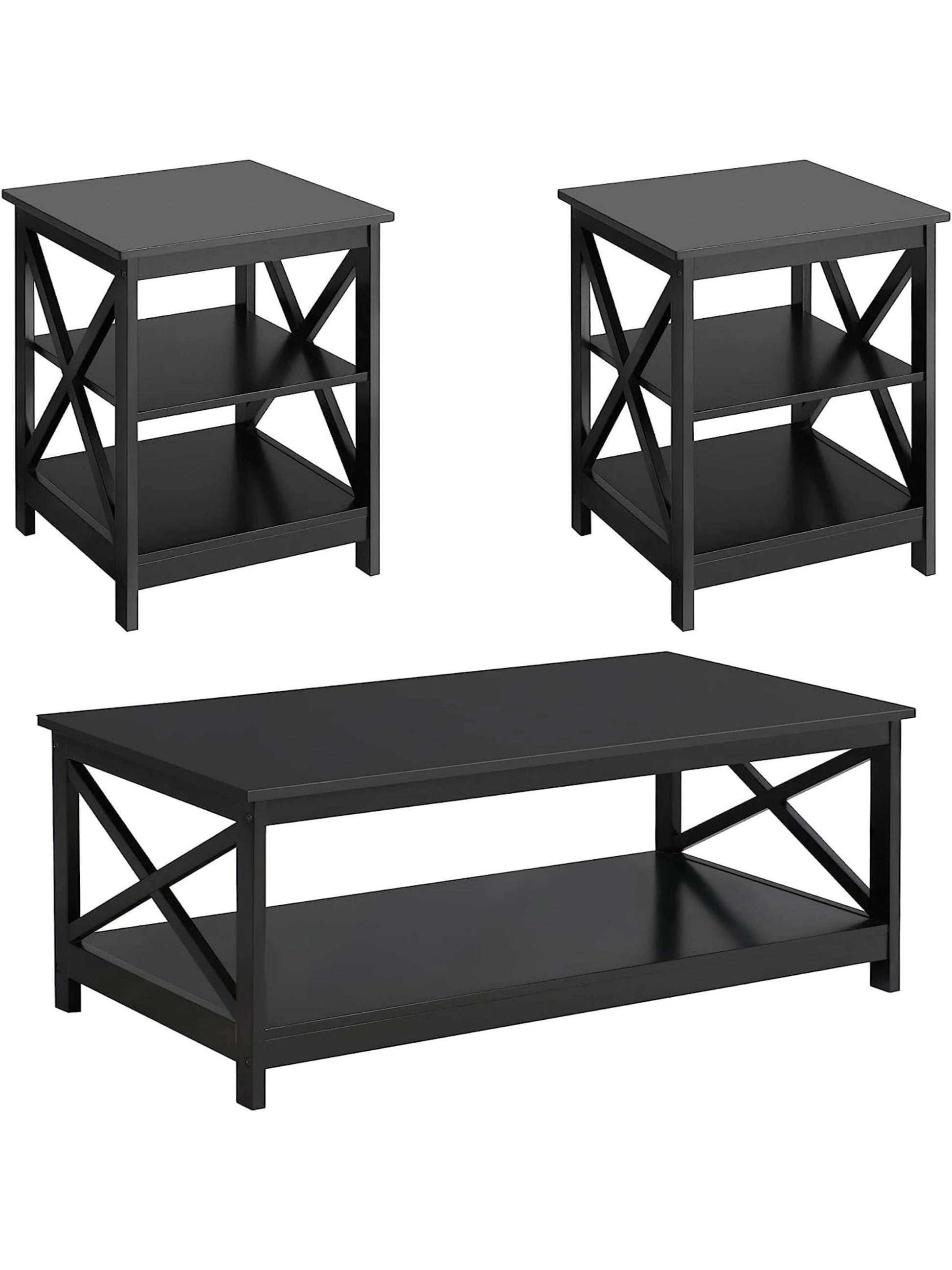 3pc Coffee Table, Modern X-Design Coffee Table and 2 End Side Tables with Storage, Black