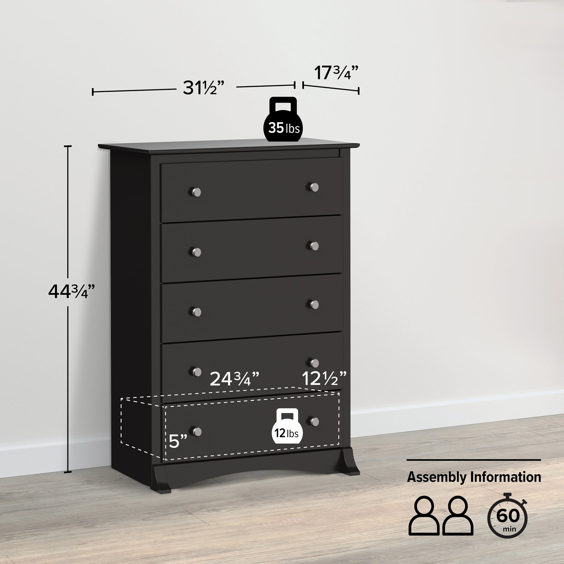 Sonoma Superior 5-Drawer Chest, Measuring 17.75"D X 31.5"W X 44.75"H, in Black Finish