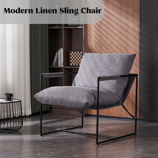 Modern Accent Linen Sling Chair, Metal Framed Armchair with Soft Bag Cushion, Dark Grey