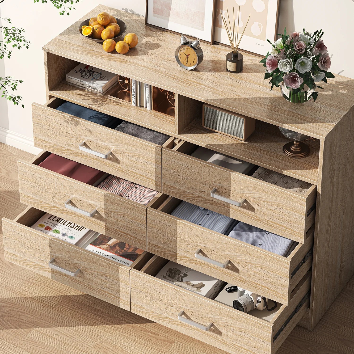 6 Drawers Dresser, 2 Open Cubby, Light Oak