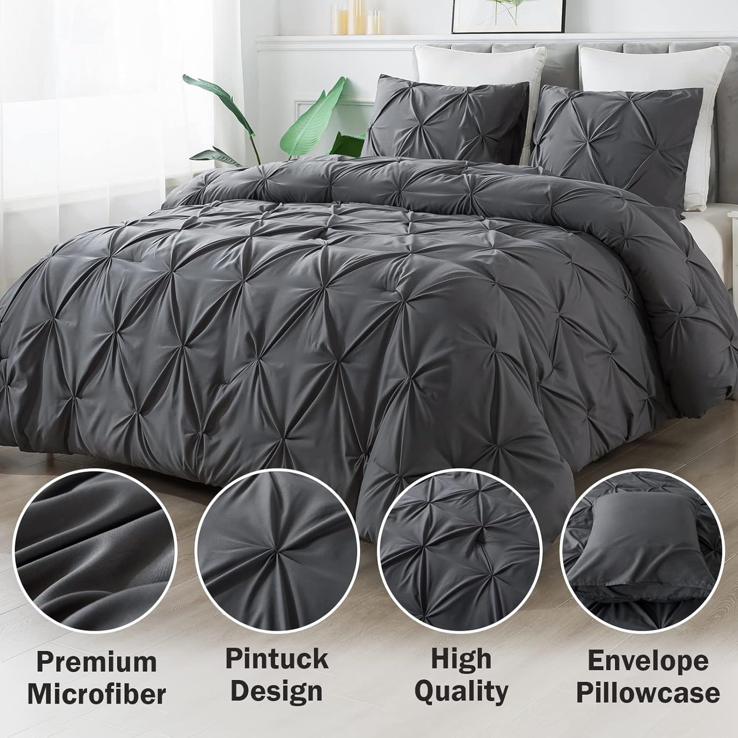 Dark Grey King Size Comforter Set, 3 Piece Gray Pinch Pleat Fluffy Lightweight Bedding Set