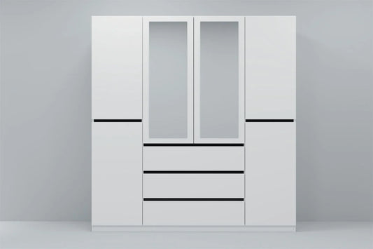 Solid Wood Family Wardrobe 6-Door with Mirror and 3 Drawer (White,W62.99 X D20.28 X H78.74)