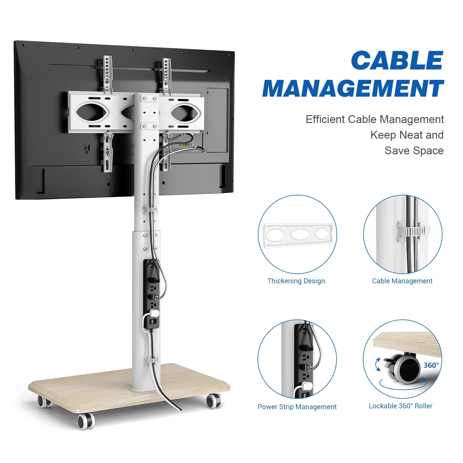 Modern Floor  for Tvs up to 70 Inch, White, Wooden Base