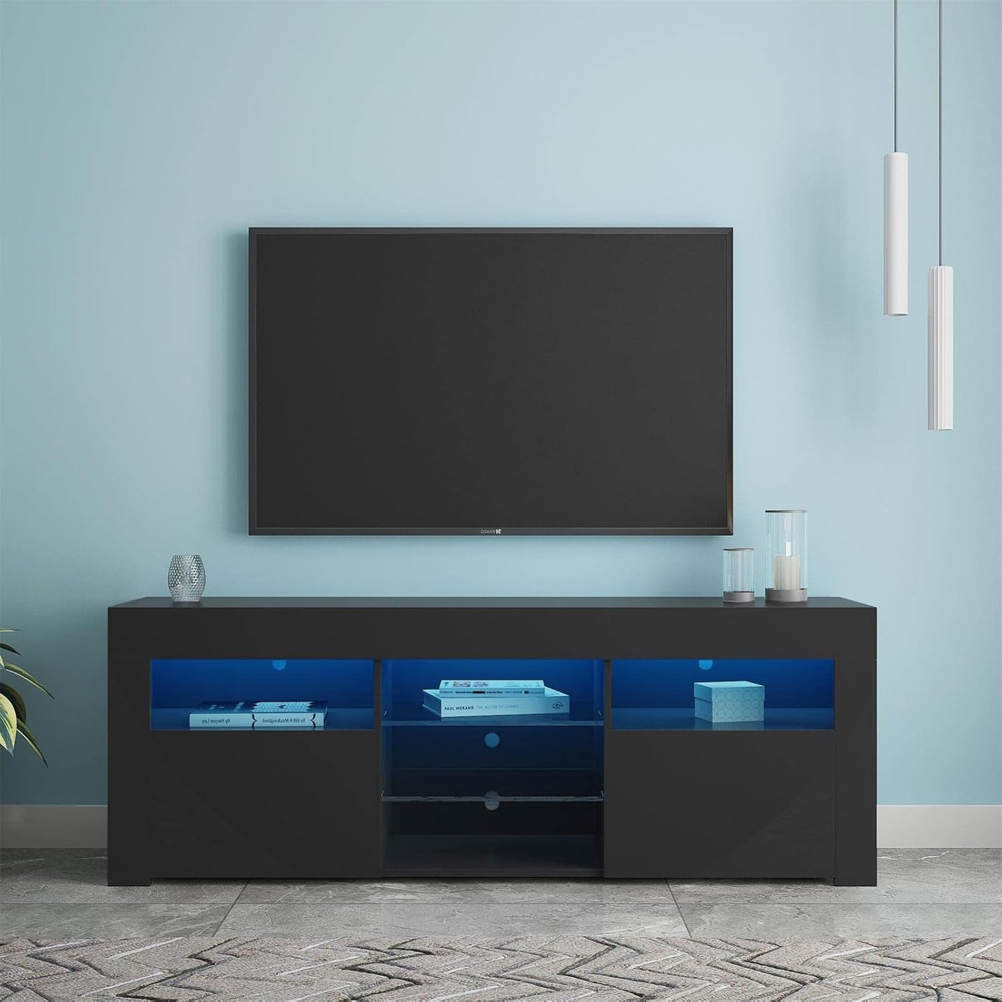 Modern TV Stand,57" TV Console Matte Body High Gloss Fronts with 16 Color Leds for 65 Inch Tv, Wood  (Black)