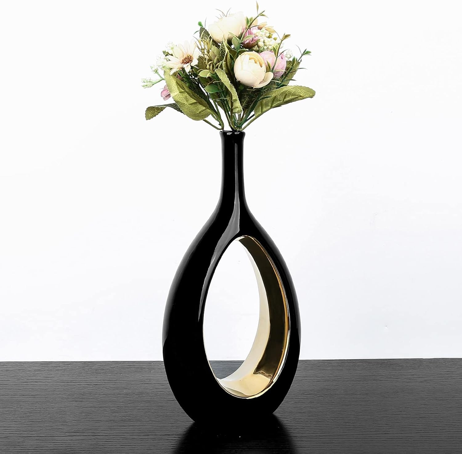 Samawi Black and Gold Vase Set of 2, Flower Vase Decorative Vases