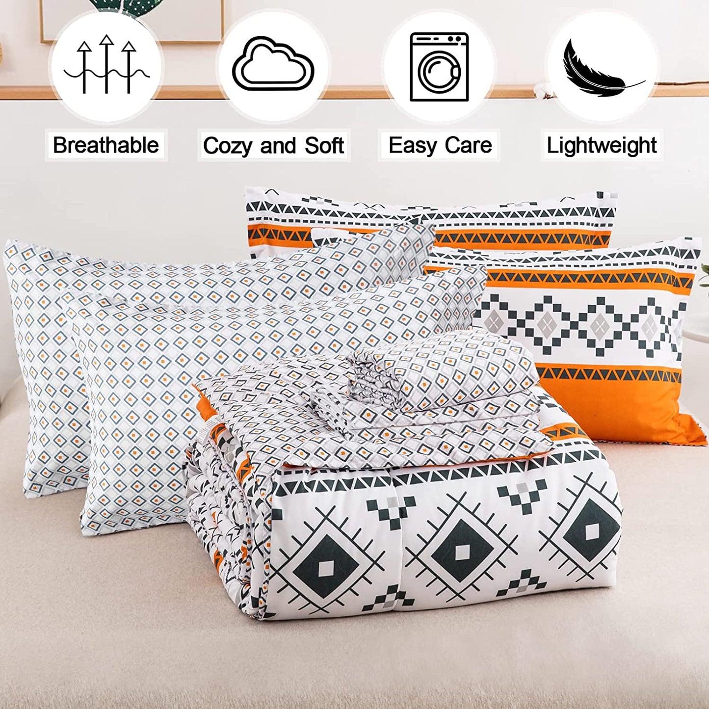 Fall Boho Comforter Set Queen,7 Pieces Autumm Orange Bohemian (1 Comforter,2 Pillowcases,1 Flat Sheet,1 Fitted Sheet,2 Pillow Shams)