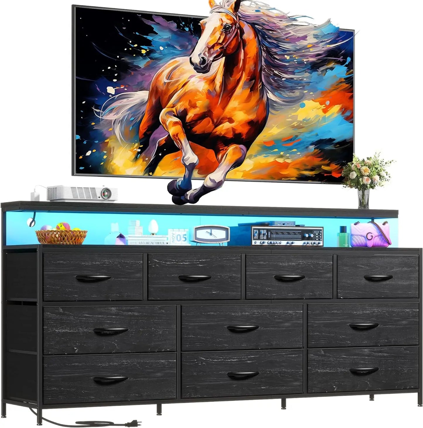 55" W Dresser with 10 Drawers Dresser with LED Lights & Power Outlets Dressers & Chests of Drawers Charcoal Black