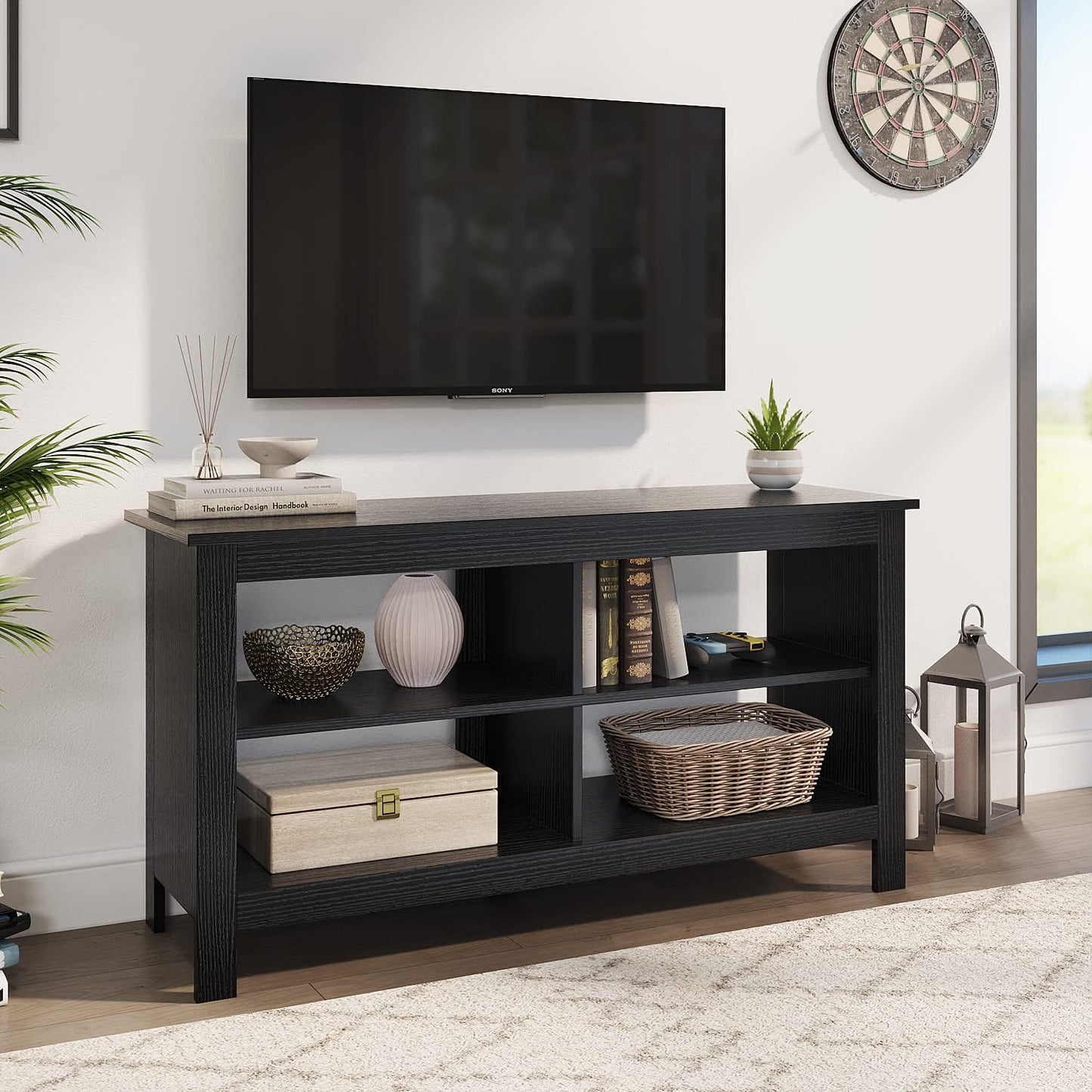 Black TV Stand for 50 Inch TV, Storage Shelves, Entertainment Center, Media Console