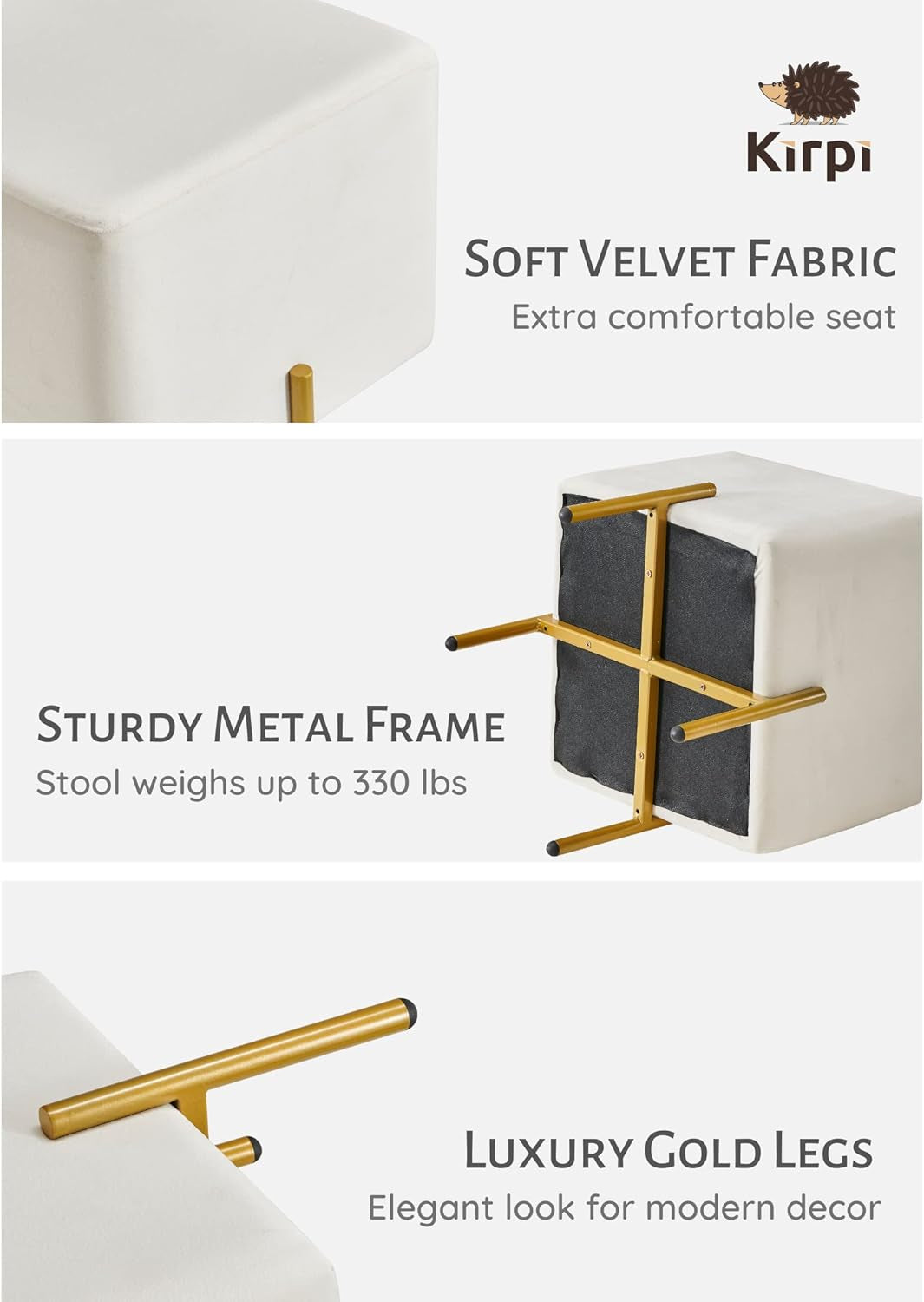 Velvet Ottoman Stool Set of 2, Cream Modern Gold Vanity Stool Square, Contemporary Foot Stool Ottoman, (Cream)