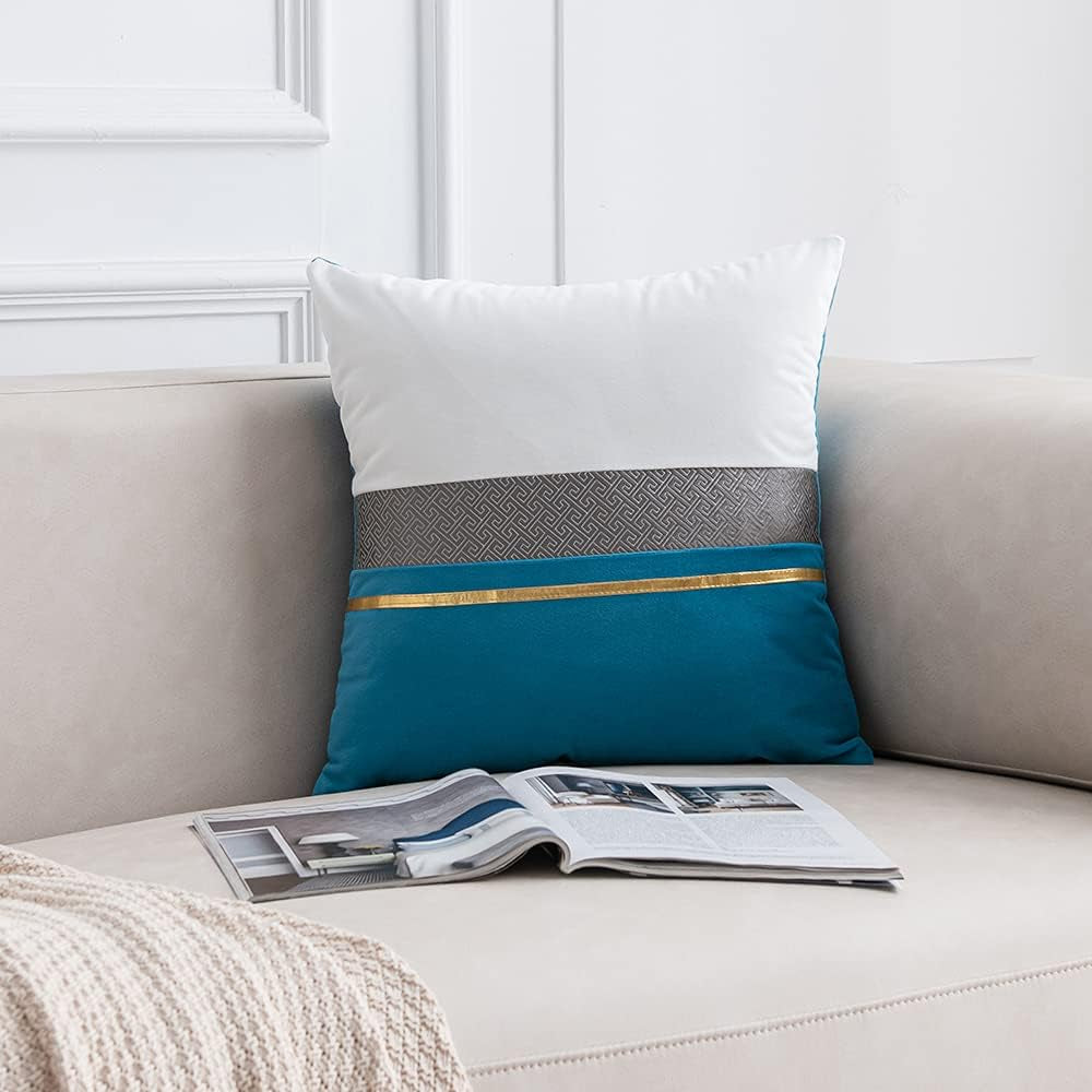 Decorative Throw Pillow Covers - Pack of 2 Modern Cozy 18X18 Inch Square Turquoise White and Gold Velvet Pillow Cases