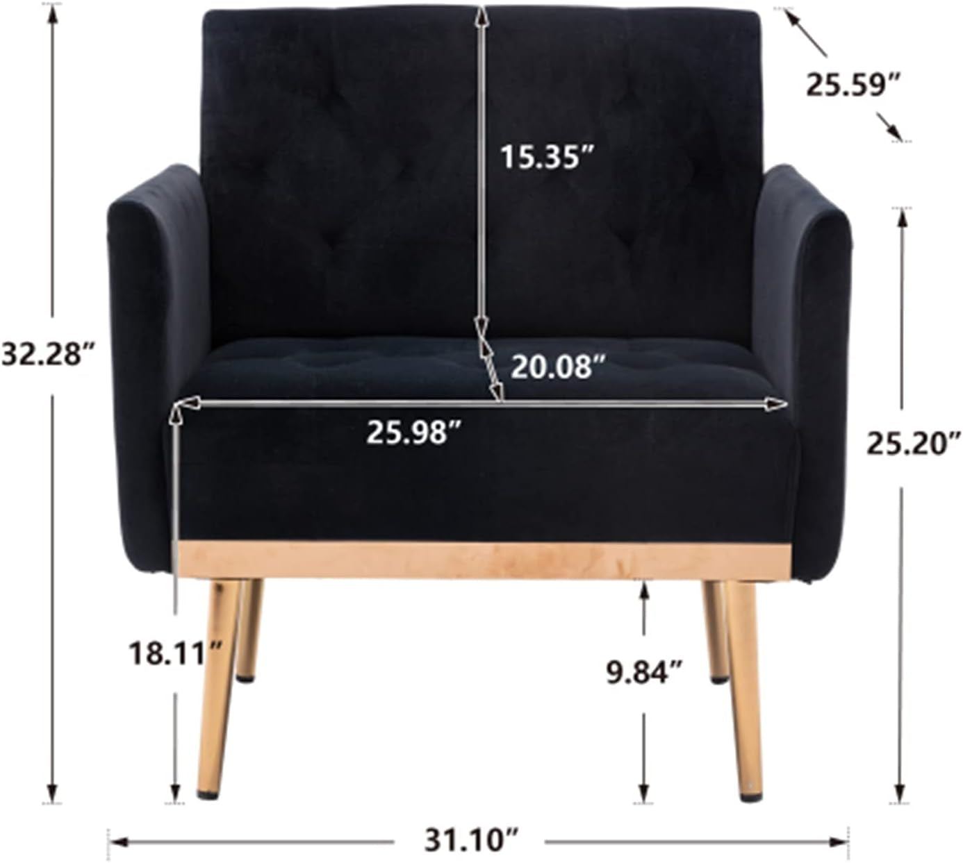 Square Velvet Accent Chair, Golden Metal Leg Single Sofa Chair, (BLACK)