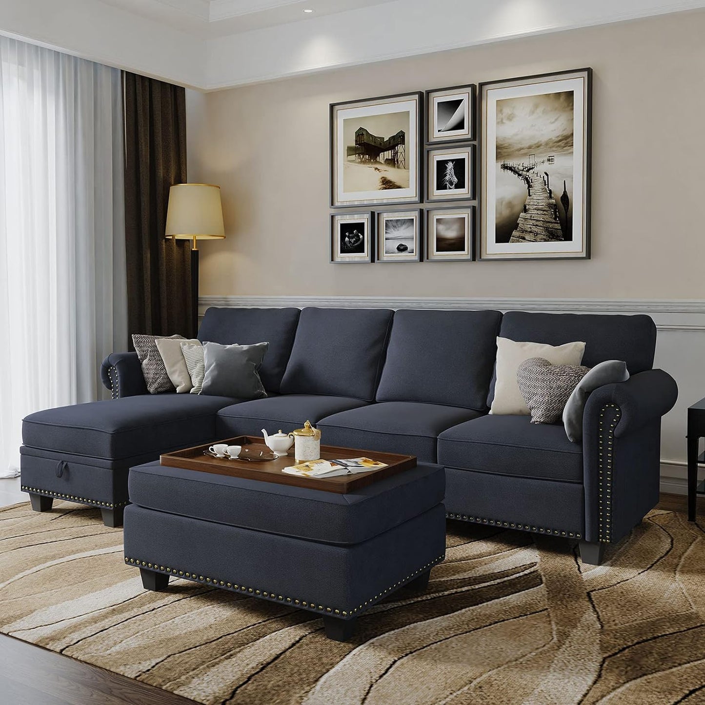 Convertible Sectional Sofa Couch, L Shaped Sofa, Reversible Couch, Denim Blue