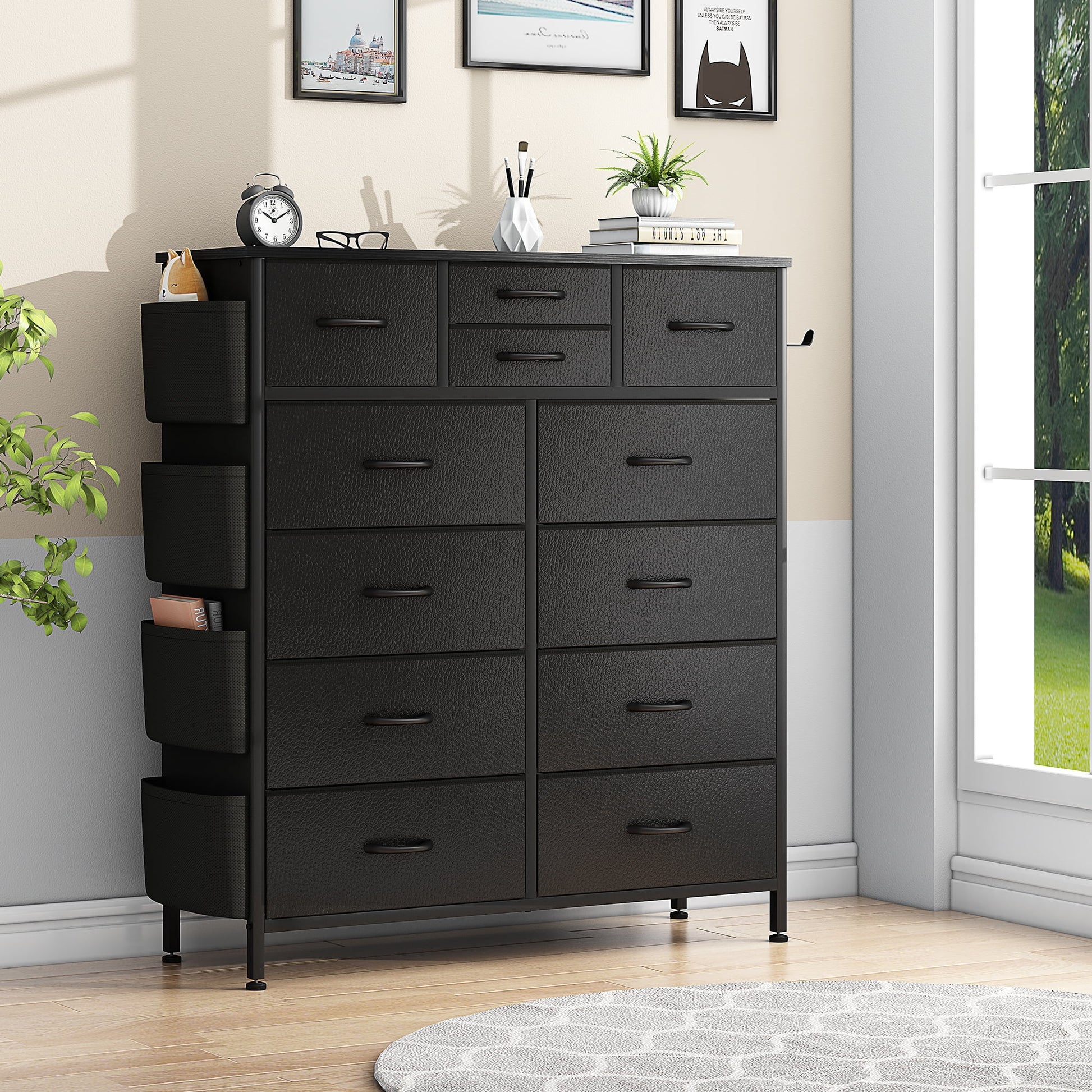 12 Drawer Dresser, Black Dresser Chest of Drawers with Side Pockets and Hooks, Black