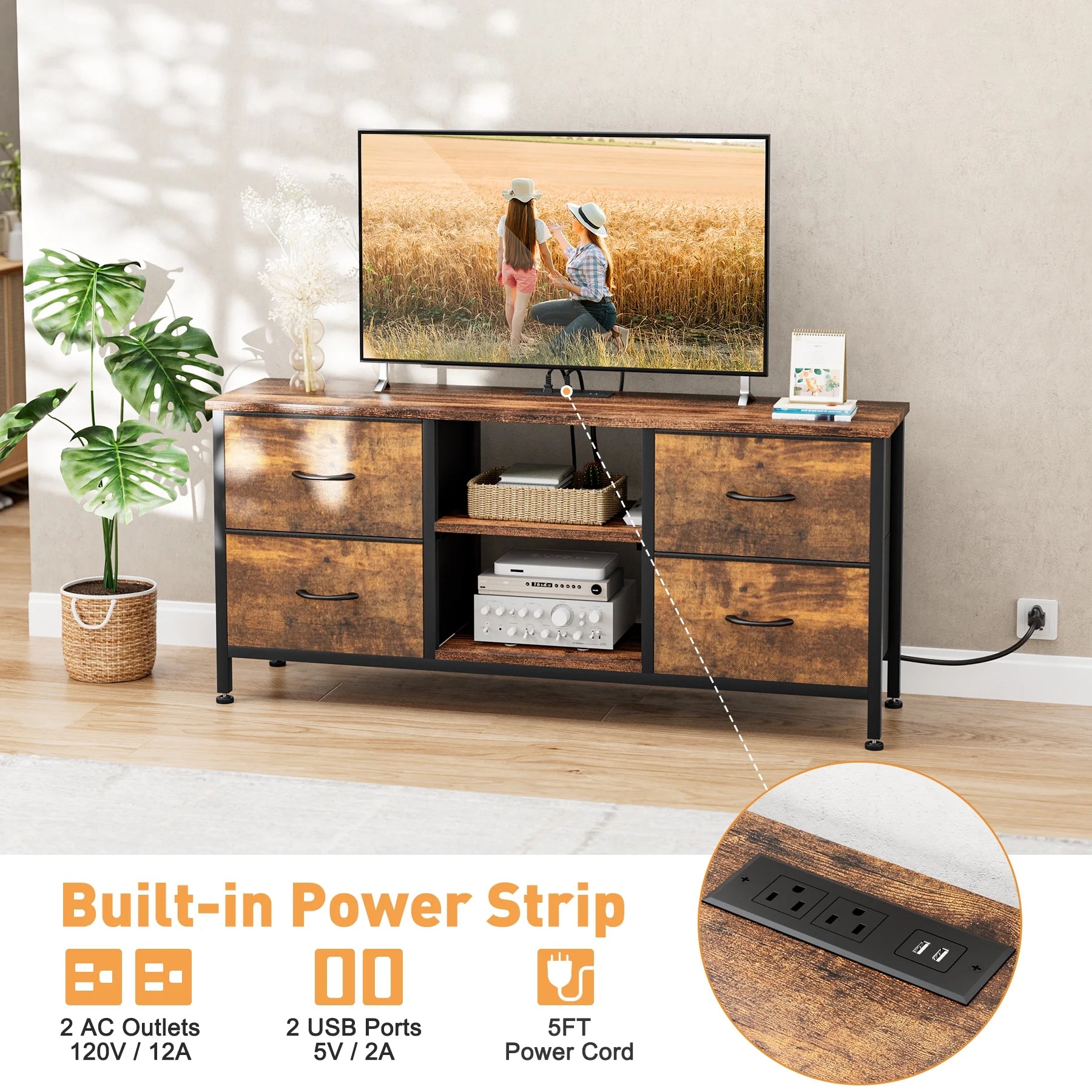 4 Drawer Dresser TV Stand, 50", Brown