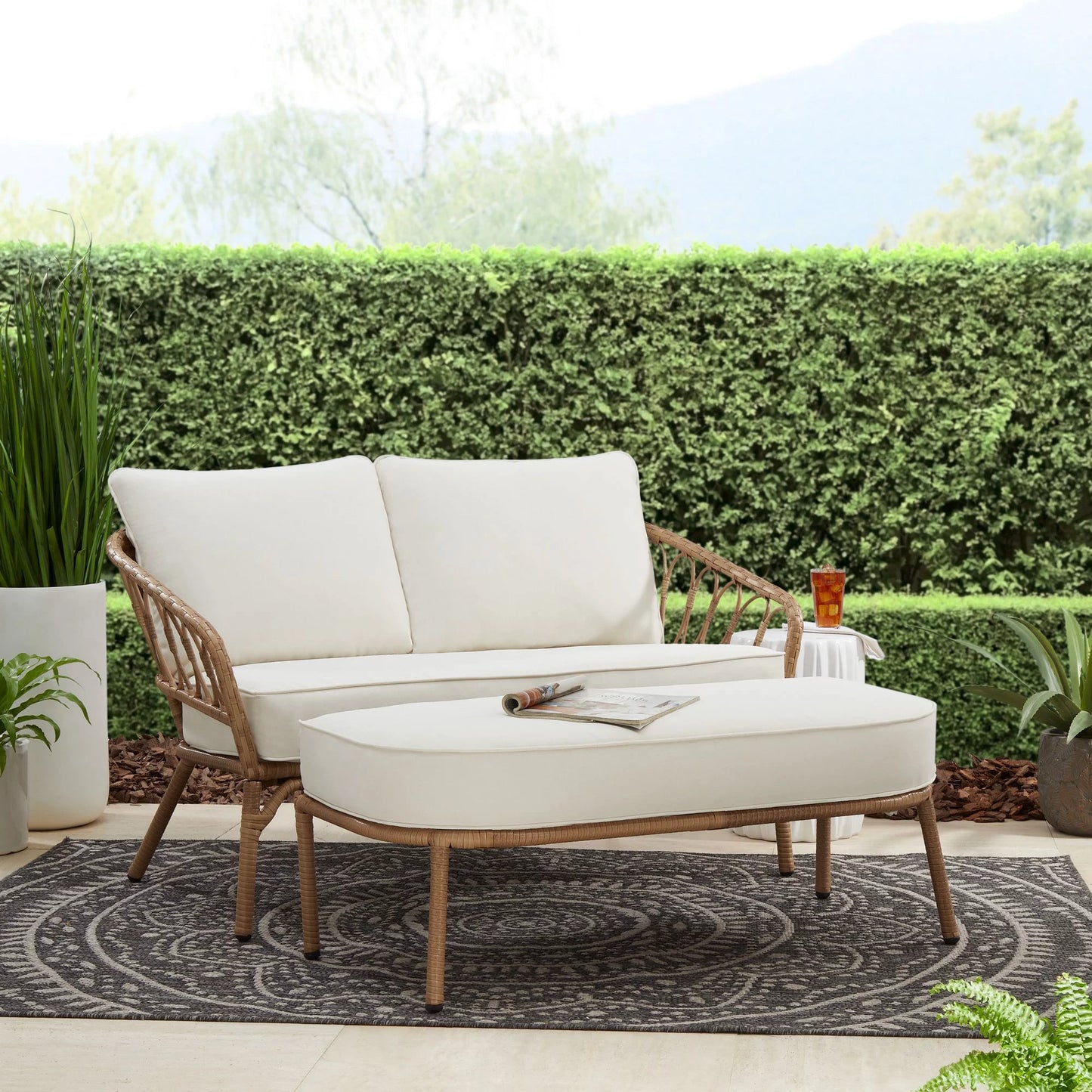 Willow Sage All-Weather Wicker Outdoor Loveseat and Ottoman Set, Beige