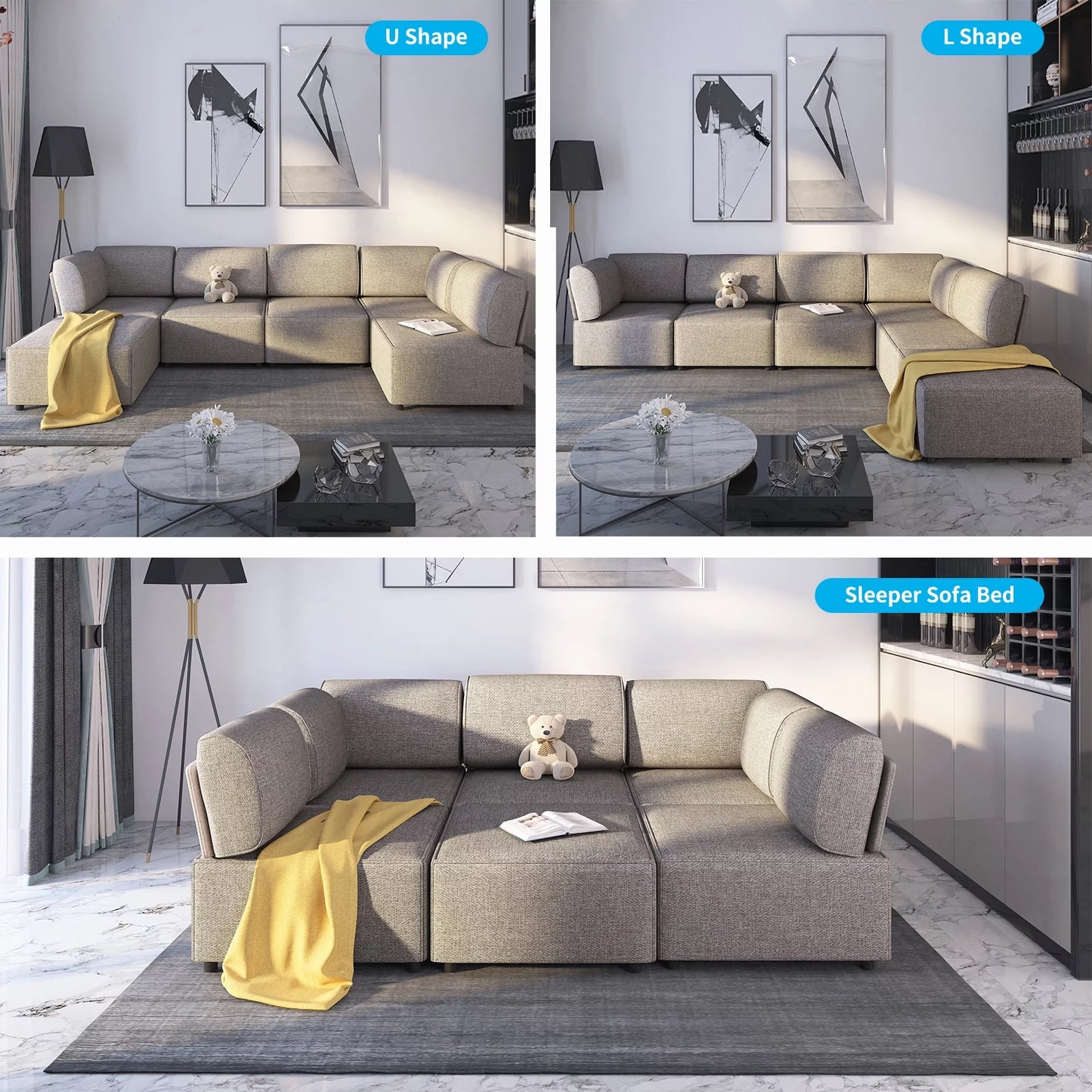 Sectional Couch Sofa Bed, Modular Oversized Couch, U/L Shaped Couch and Queen Sleeper Sofa, Convertible Sofa Set,Light Tan