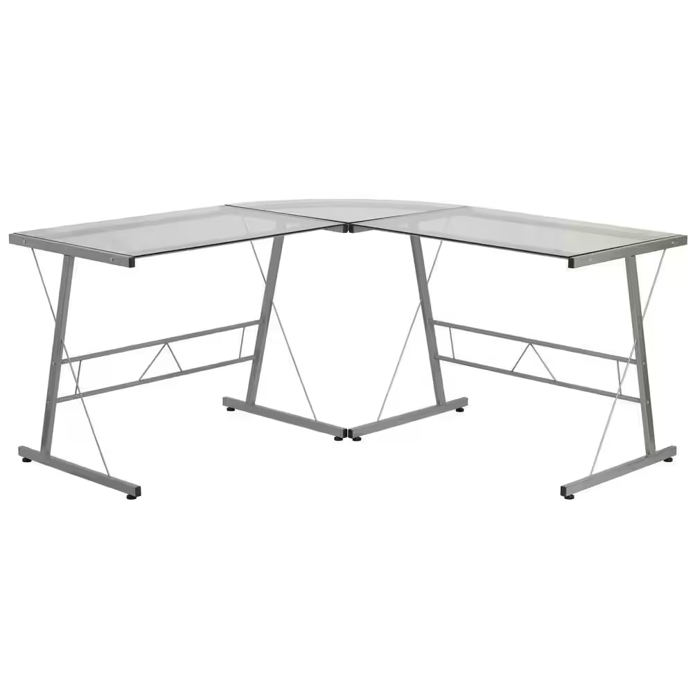 83.5 In. L-Shaped Clear/Silver Computer Desks with Glass Top