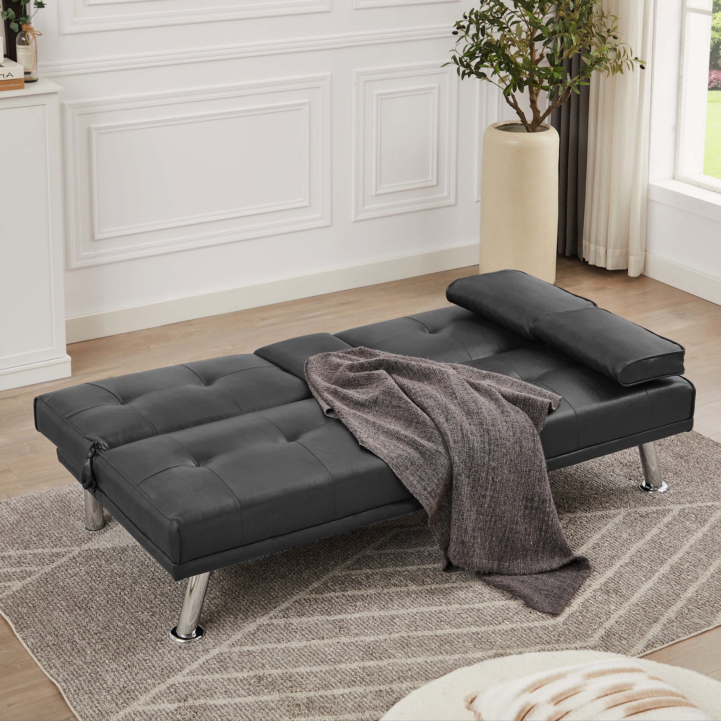 Convertible Futon Sofa Bed - Versatile Comfort with Sturdy Modern Faux Leather Design, 