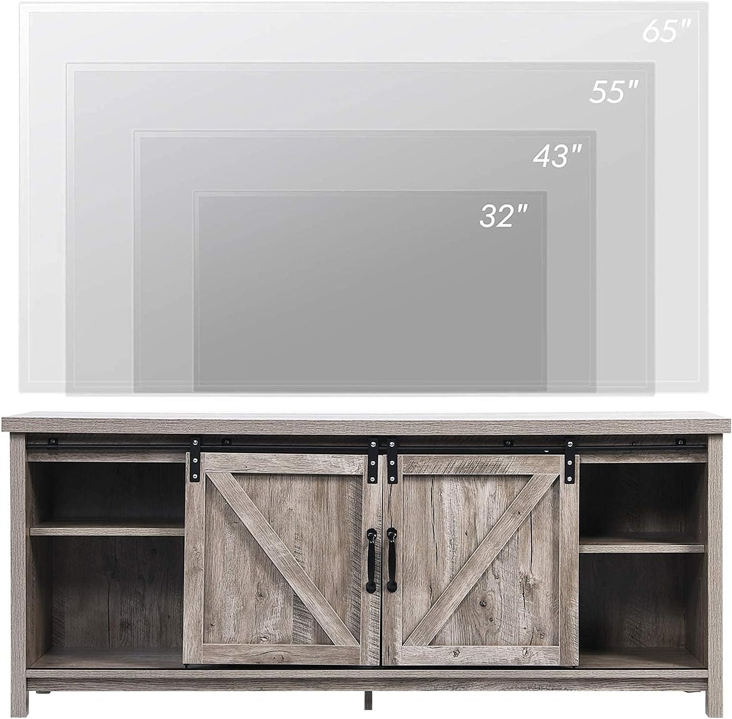 Farmhouse TV Stand with Sliding Barn Doors Entertainment Center for 65 Inch TV, Rustic Gray Wash