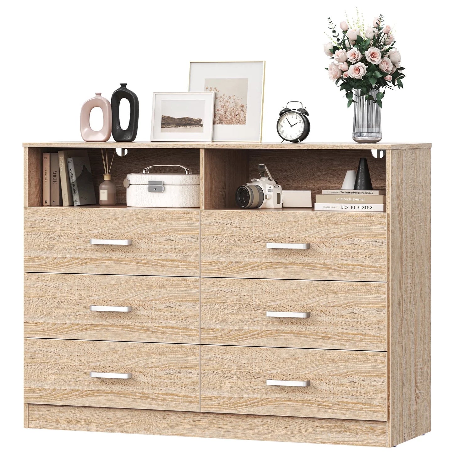 6 Drawers Dresser, 2 Open Cubby, Light Oak