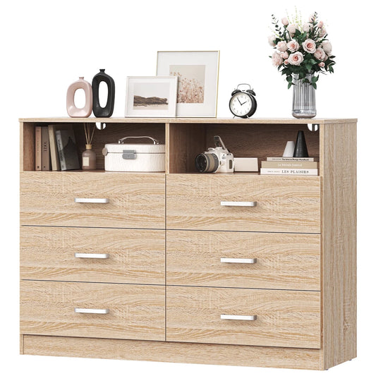 6 Drawers Dresser, 2 Open Cubby, Light Oak