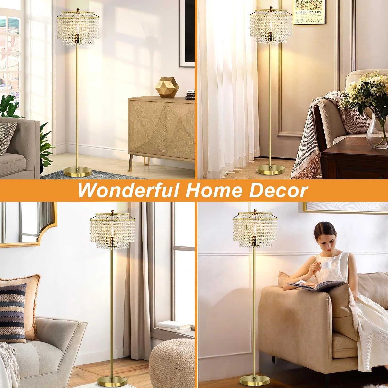 Crystal Floor Lamp Gold, Modern Double-Layer Lampshade, Elegant Standing Lamp with On-Off Foot Switch