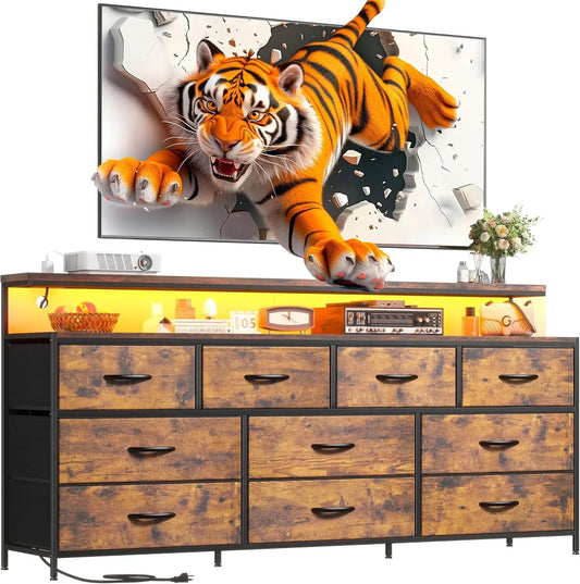 55" W Dresser with 10 Drawers Dresser with LED Lights & Power Outlets Dressers & Chests of Drawers Charcoal Black