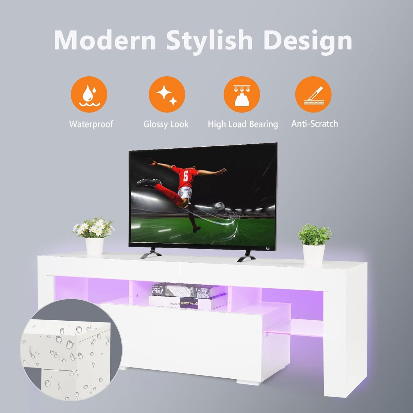 LED TV Stand for Tvs up to 55 Inch, LED Lights and Storage (White, 51'' X 14'' X 18'')