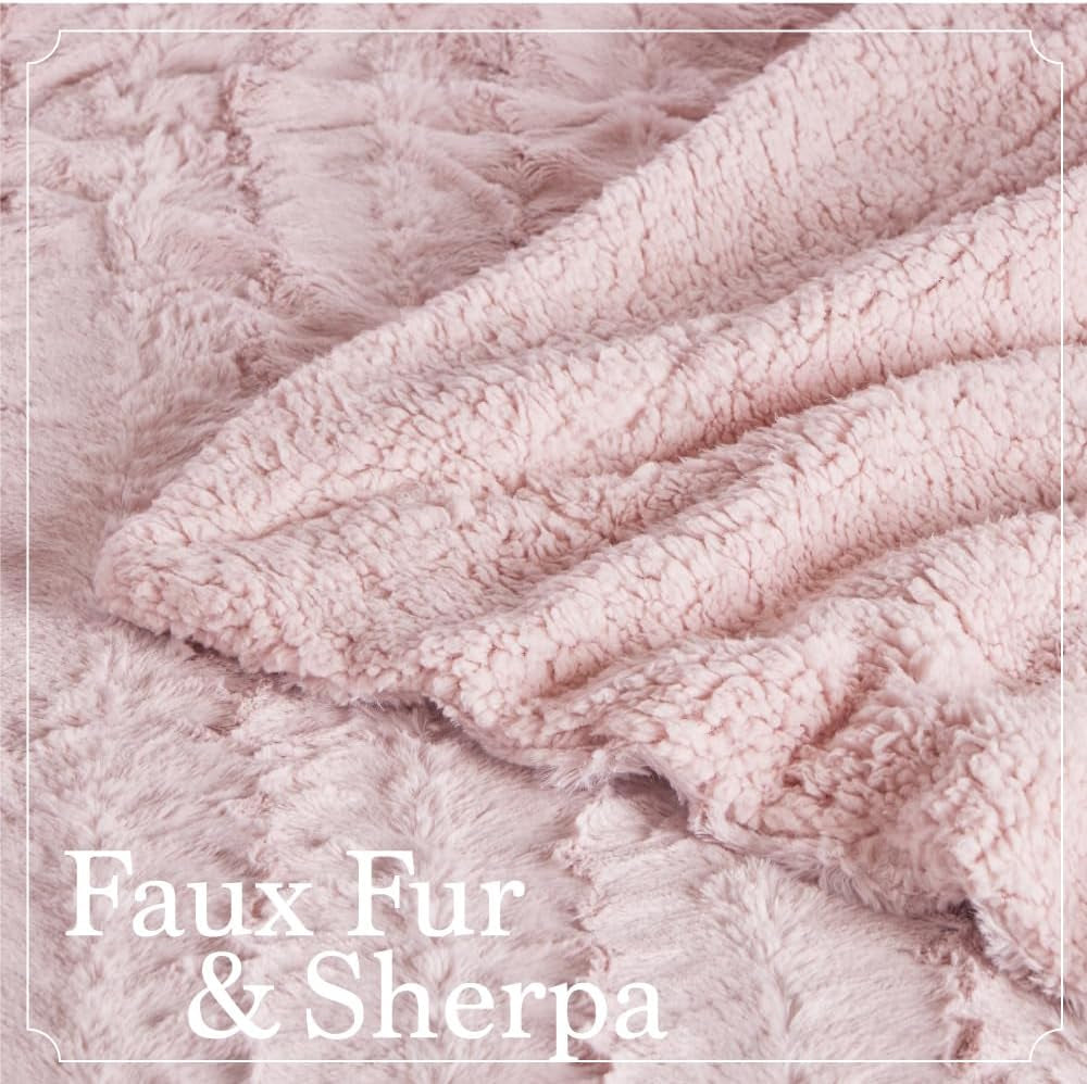 Throw Blanket, Soft Plush Reversible Faux Fur and Sherpa, Twin 80X60, Warm Thick Throws for Bed, Comfy Washable Bedding Accent Blankets, Dusty Rose