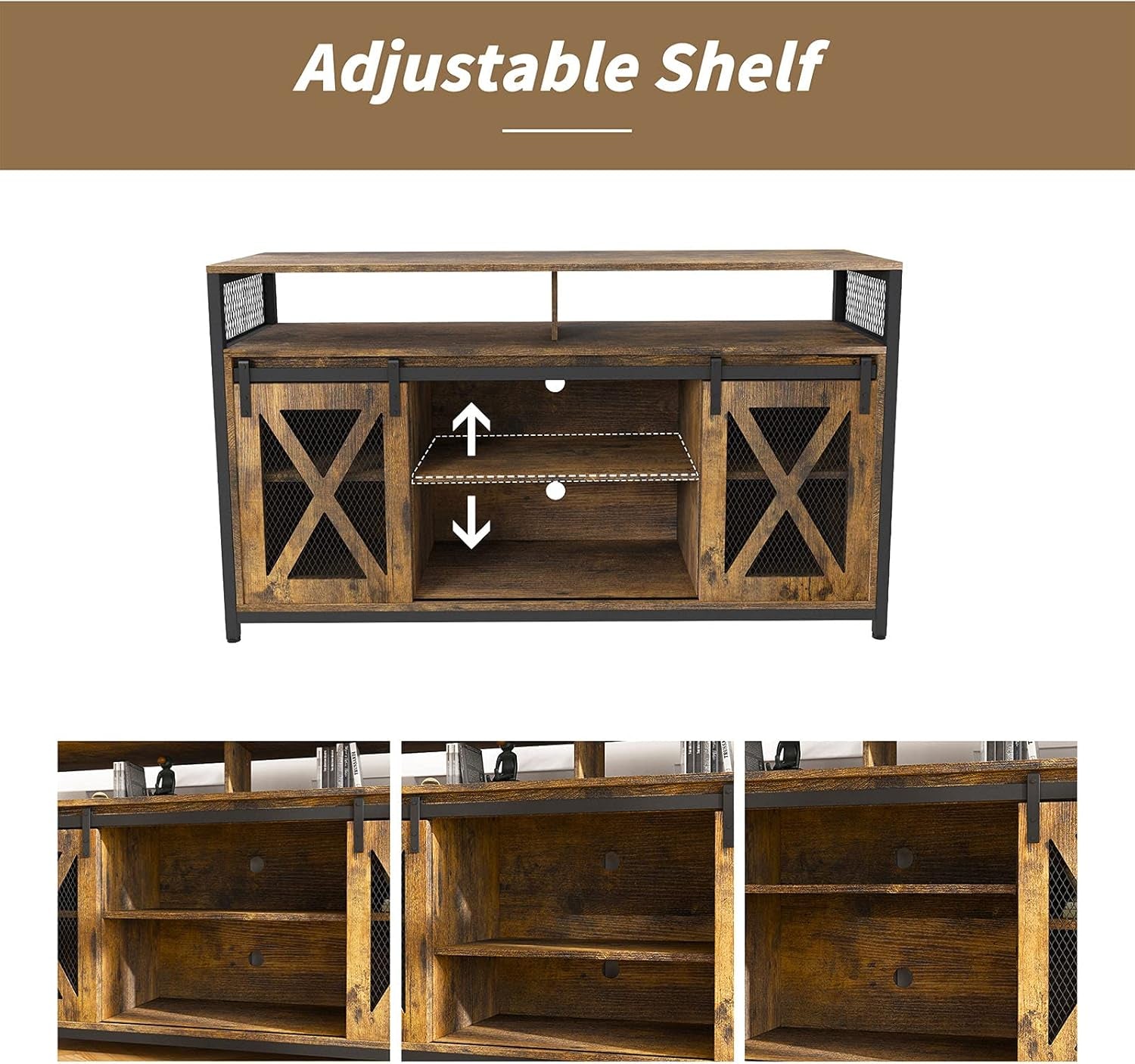 TV Stand with Sliding Barn Doors, Entertainment Center with Adjustable Storage Shelves, up to 65'', Rustic Brown