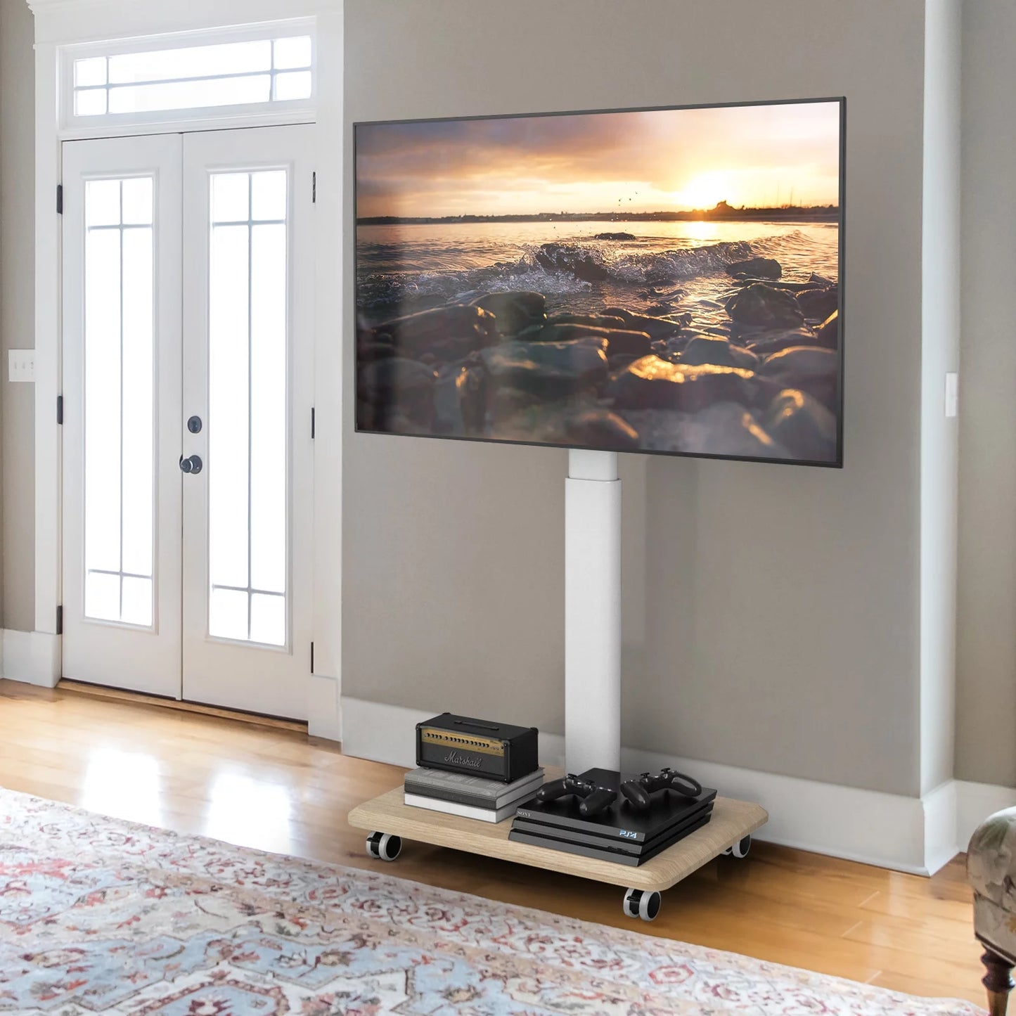 Modern Floor  for Tvs up to 70 Inch, White, Wooden Base