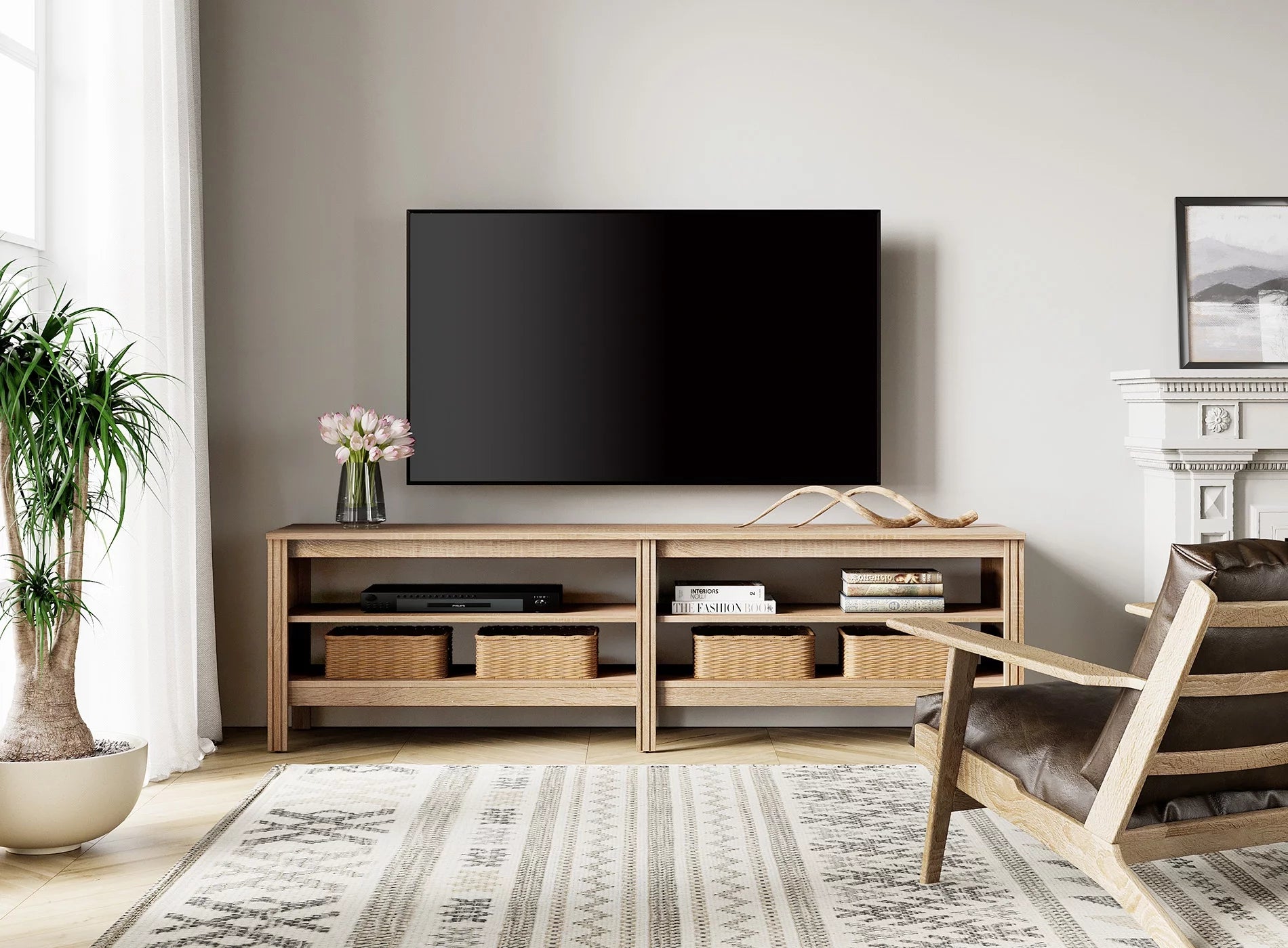 TV Stand, with Open Shelves for Living Room, Oak 70 Inch (Fits 75 Inch TV)