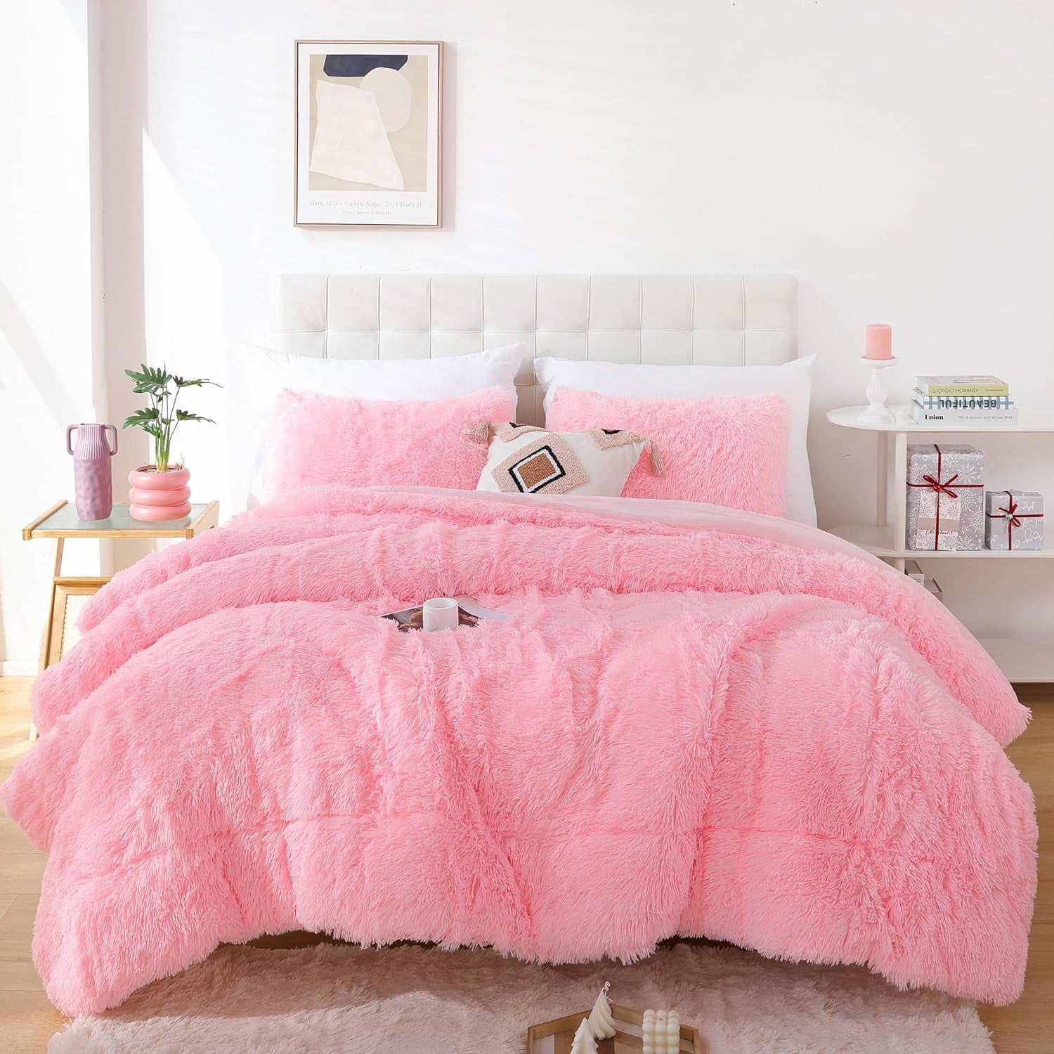 Faux Fur Pink Comforter Set Queen Size 3Pcs Fluffy Fuzzy Plush Comforter Set, Double-Sided Bedding Set (1 Faux Fur Comforter + 2 Faux Fur Pillowcases)