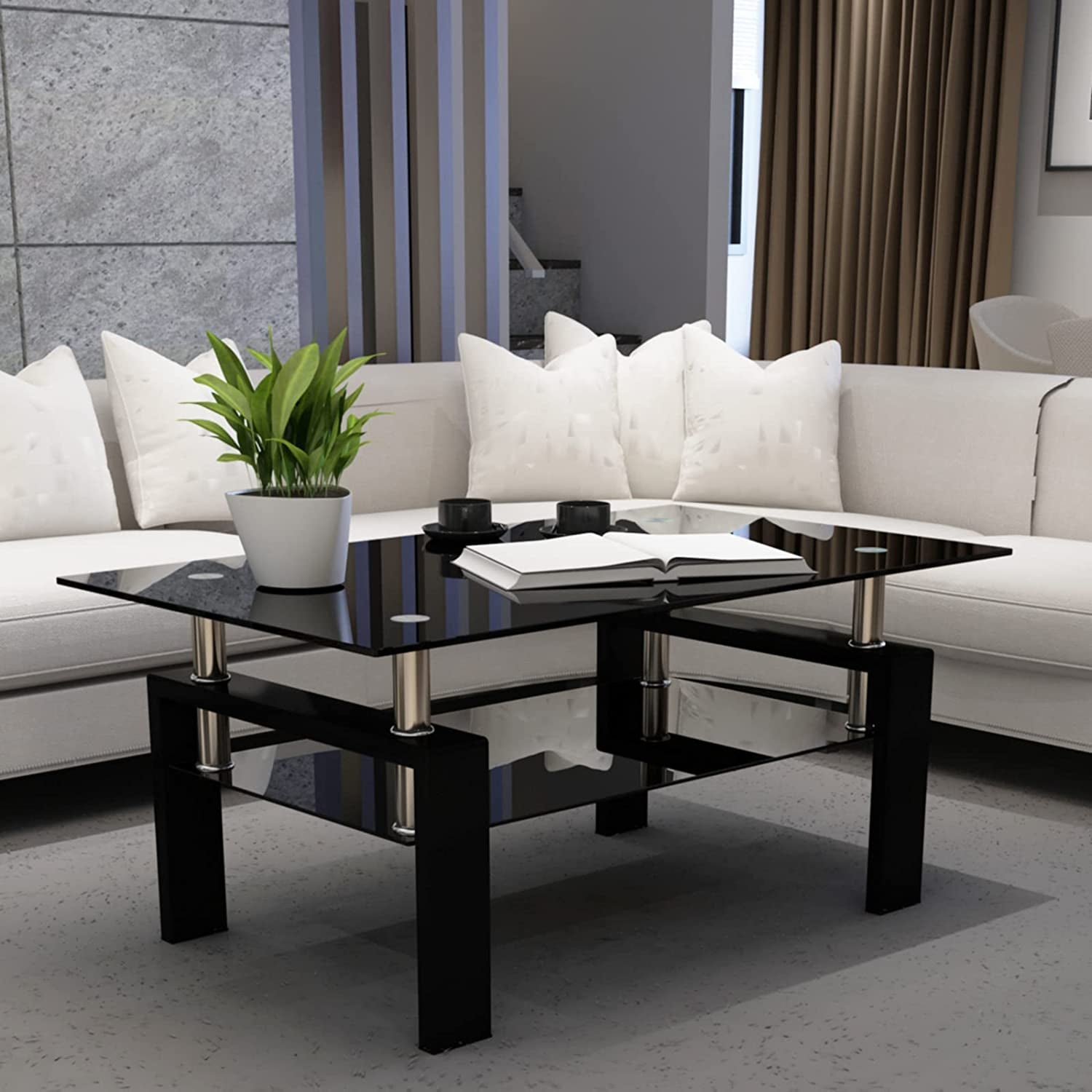 Glass Coffee Table, Rectangle Coffee Table (Black Glass)