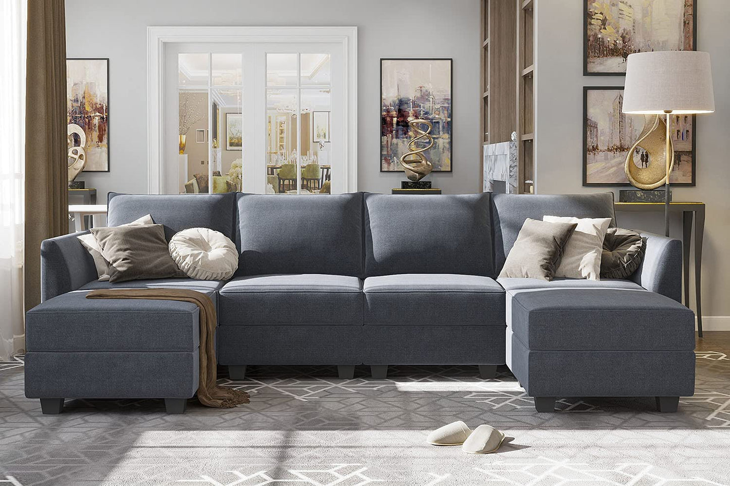 Modular Sectional Sofa U Shaped with Reversible Chaise with Storage, Bluish Grey