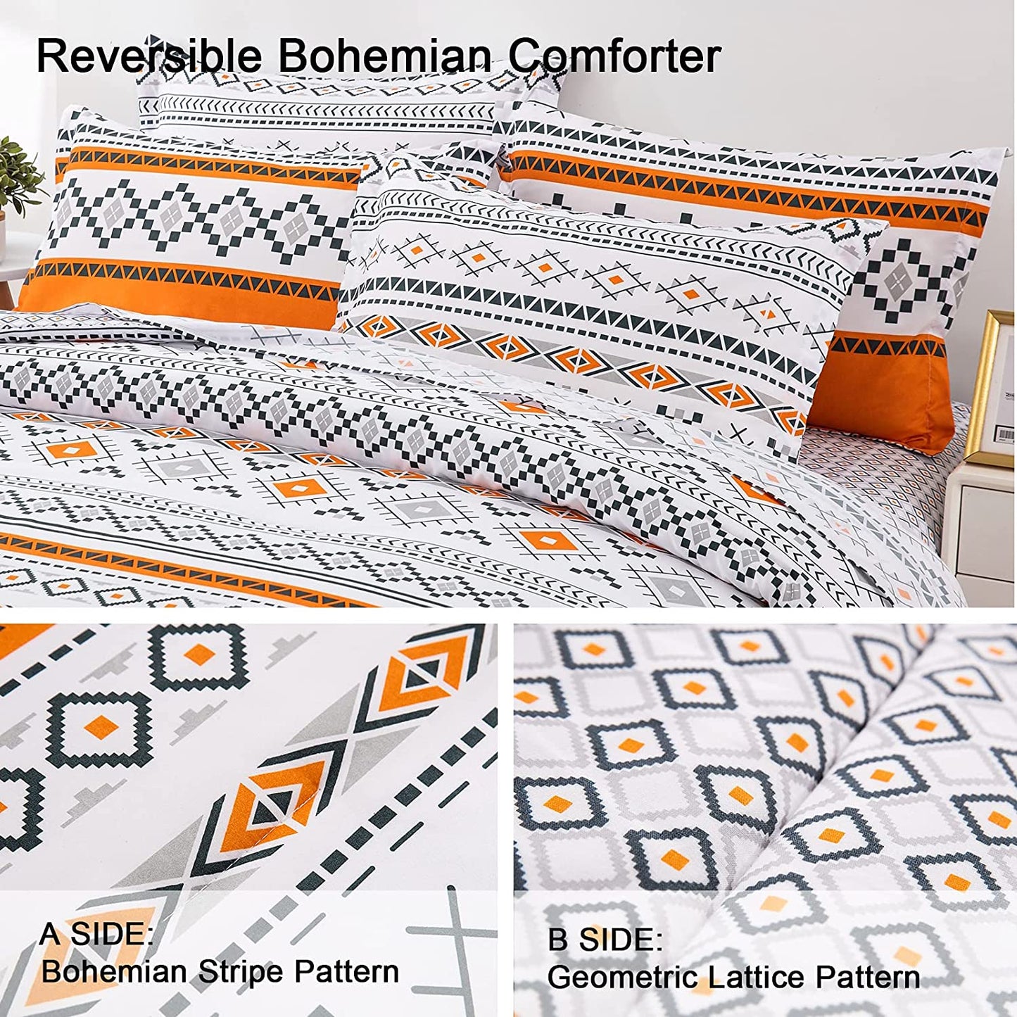 Fall Boho Comforter Set Queen,7 Pieces Autumm Orange Bohemian (1 Comforter,2 Pillowcases,1 Flat Sheet,1 Fitted Sheet,2 Pillow Shams)