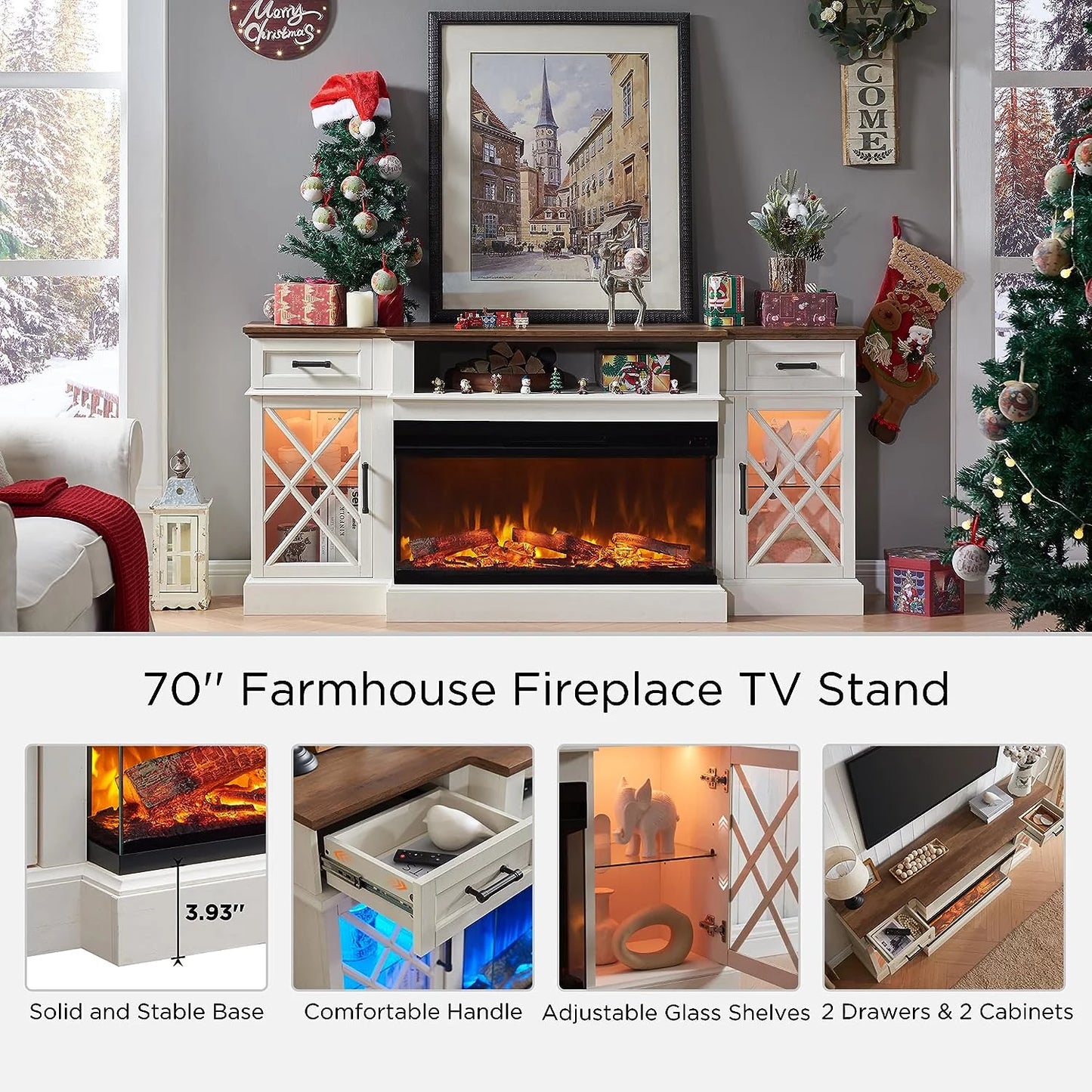 3-Sided Glass Farmhouse 70" Fireplace TV Stand for Tvs up to 80", with 36" Electric Fireplace, Antique White