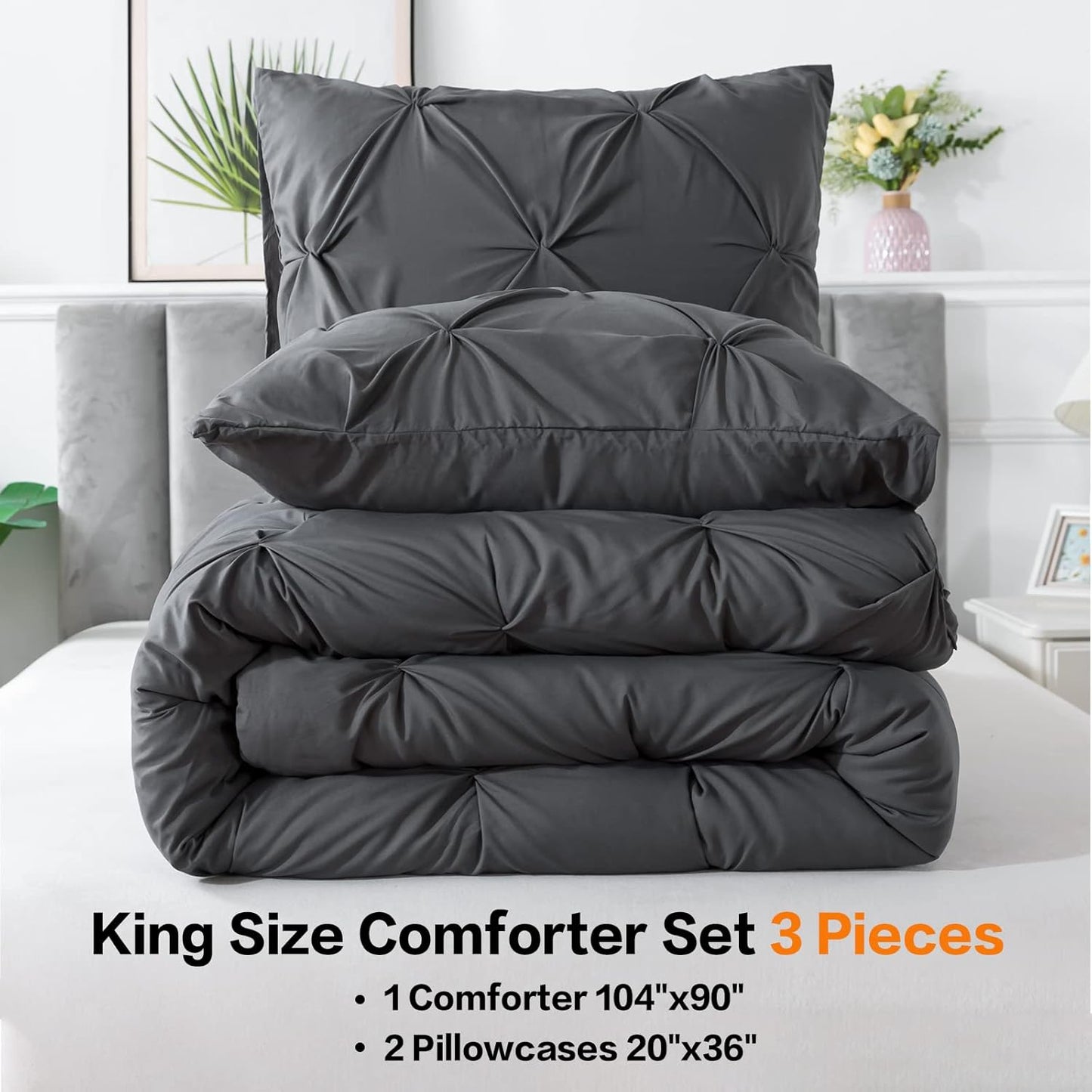 Dark Grey King Size Comforter Set, 3 Piece Gray Pinch Pleat Fluffy Lightweight Bedding Set