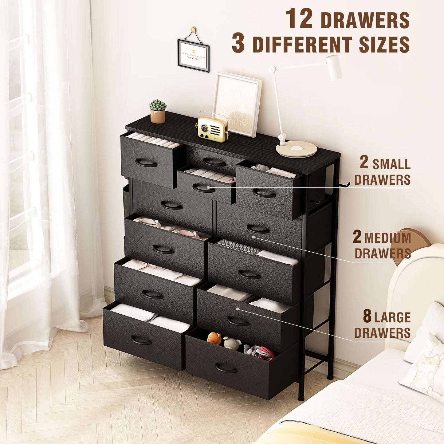 12 Drawer Dresser, Black Dresser Chest of Drawers with Side Pockets and Hooks, Black