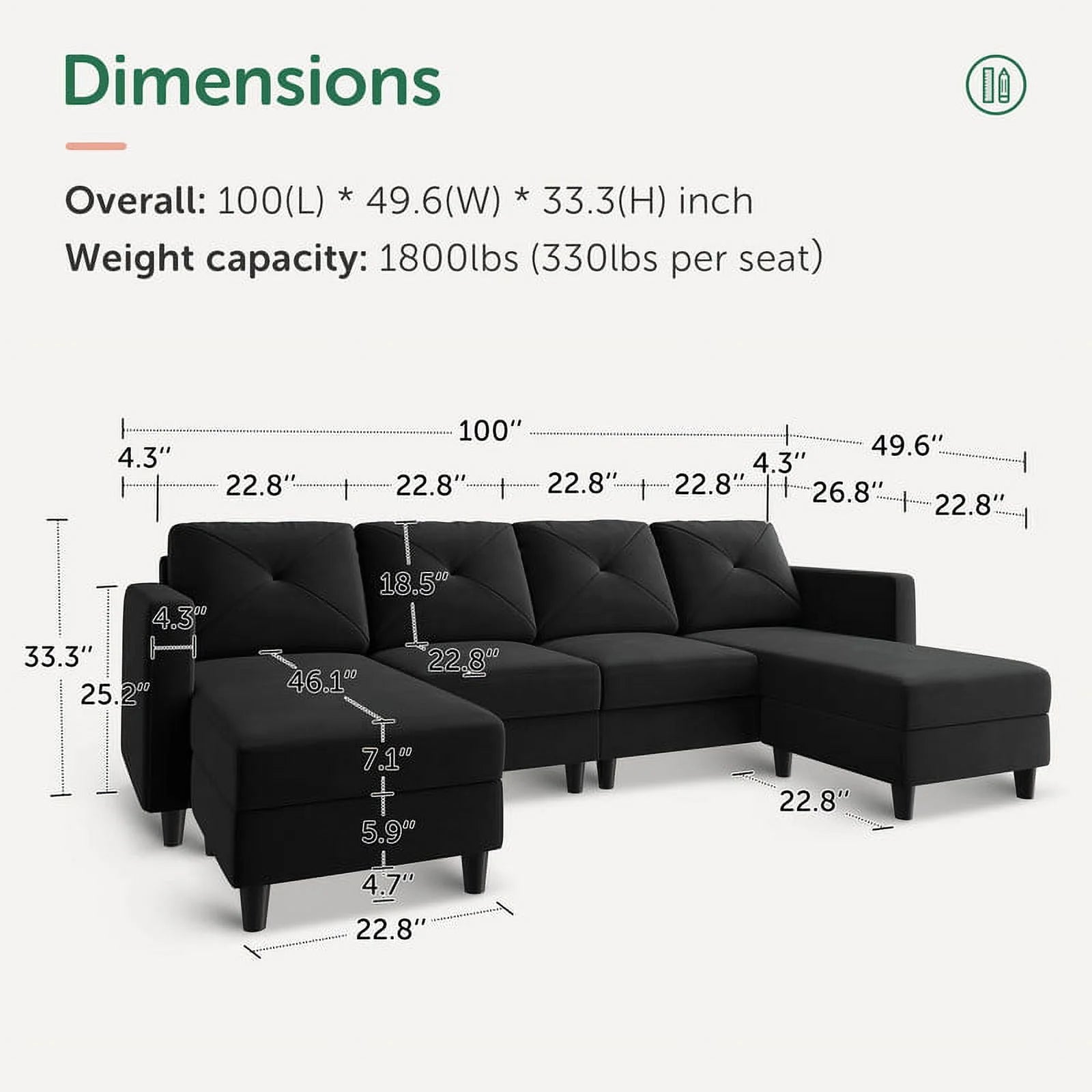 Modern Sectional Couch with Tufted Back Cushions, Black