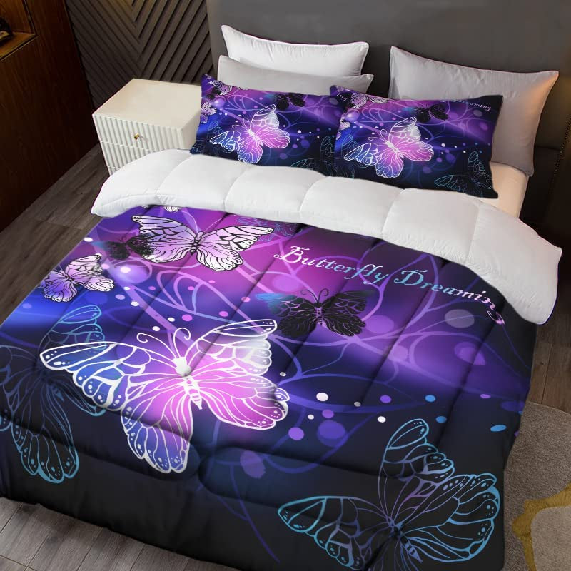 3D Purple Butterfly Bedding Twin Comforter Set, 3 Piece- Includes 1 Comforter and 2 Pillowcase