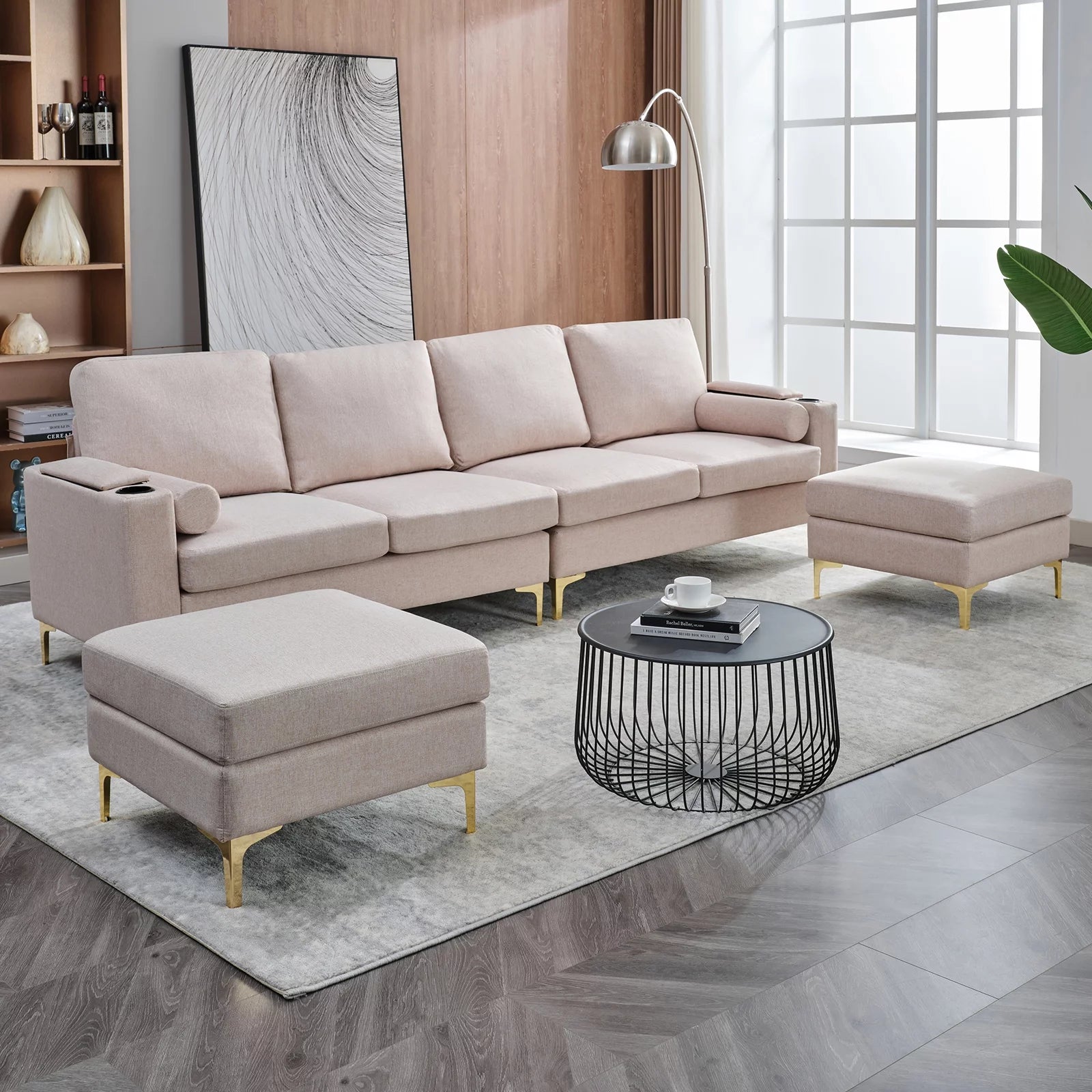 U Shaped Sectional Sofa with Metal Frame - Beige