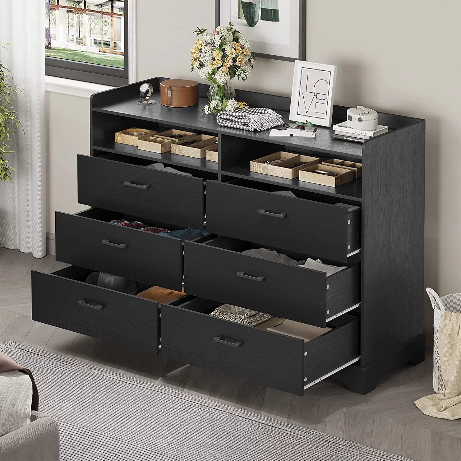 6 Drawers Dresser, 2 Open Cubby, Black