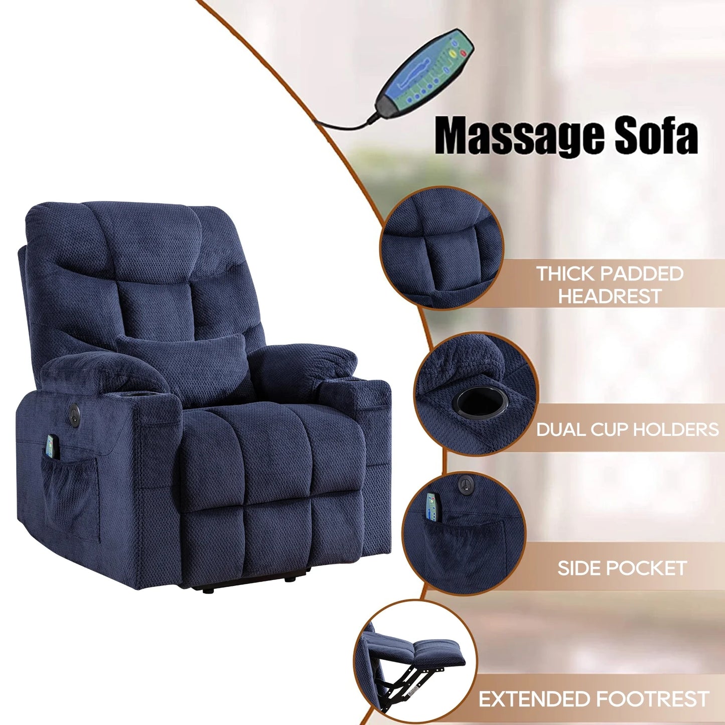 Power Lift Recliner Chairs Velvet Electric Recliner with Vibration Massage & Heat Function, Blue