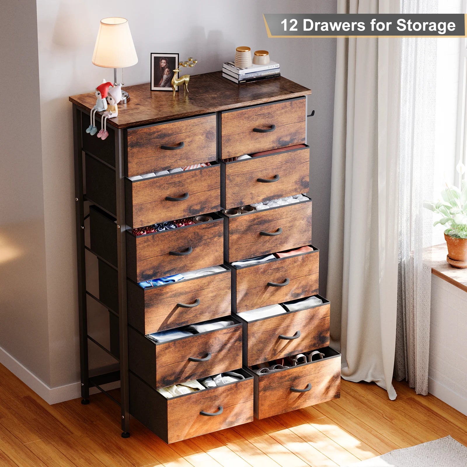 12 Drawer Chest, Tall Dresser, Steel Frame and Wooden Top Brown