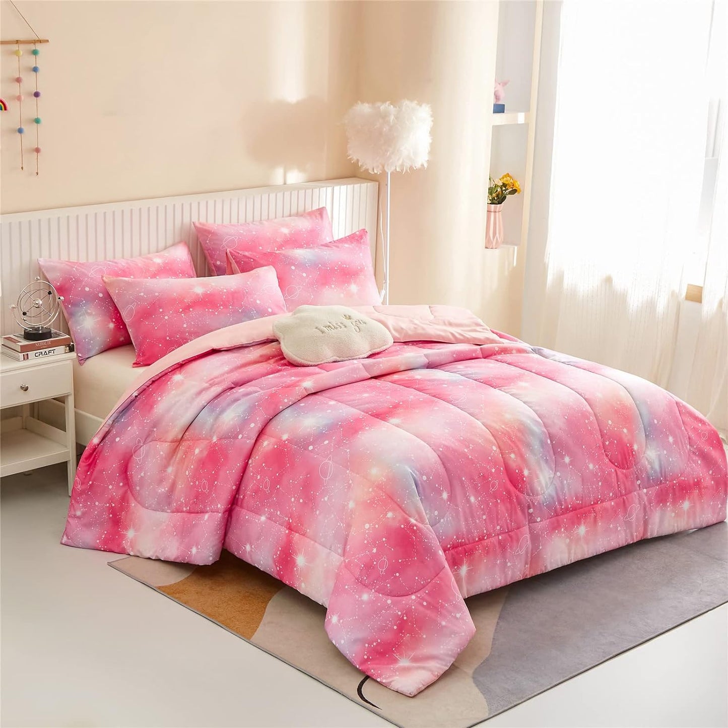 Pink Ombre Glitter Galaxy Comforter Set Twin Size for Girls, Sparkle Constellation Starry Sky Comforter, 2 Piece Soft Microfiber Bedding Sets with 1 Pillow Case (Pink,Twin)