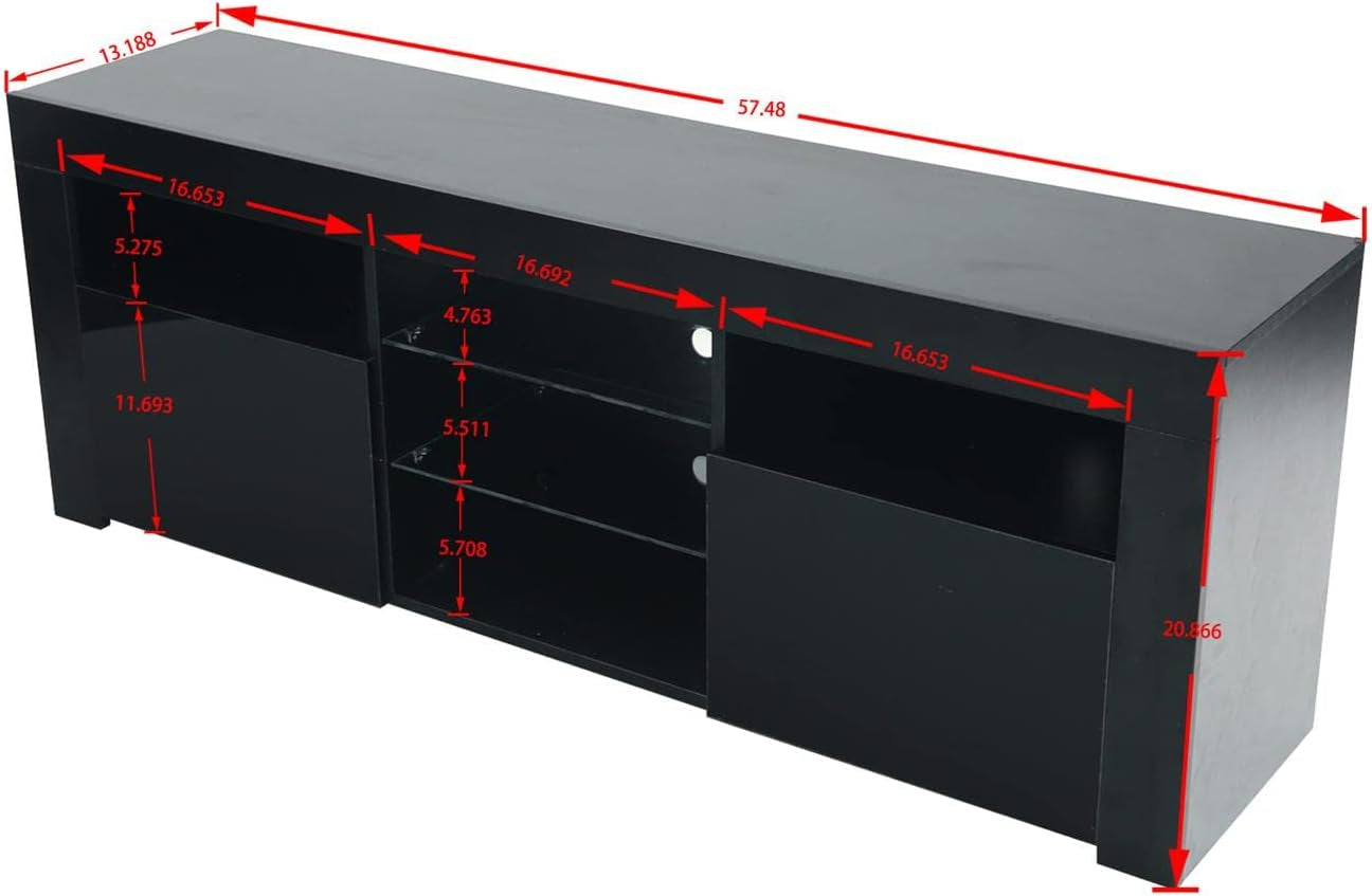 Modern TV Stand,57" TV Console Matte Body High Gloss Fronts with 16 Color Leds for 65 Inch Tv, Wood  (Black)