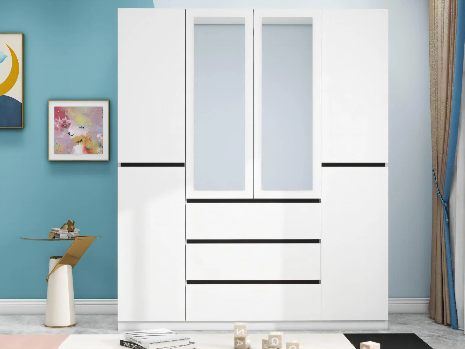 Solid Wood Family Wardrobe 6-Door with Mirror and 3 Drawer (White,W62.99 X D20.28 X H78.74)