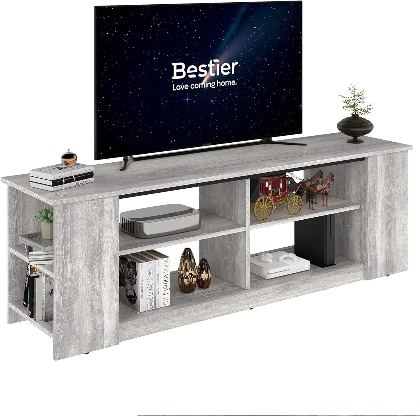 TV Stand for 55 Inch TV, Wood Entertainment Center, TV Console with Shelves, Light Grey