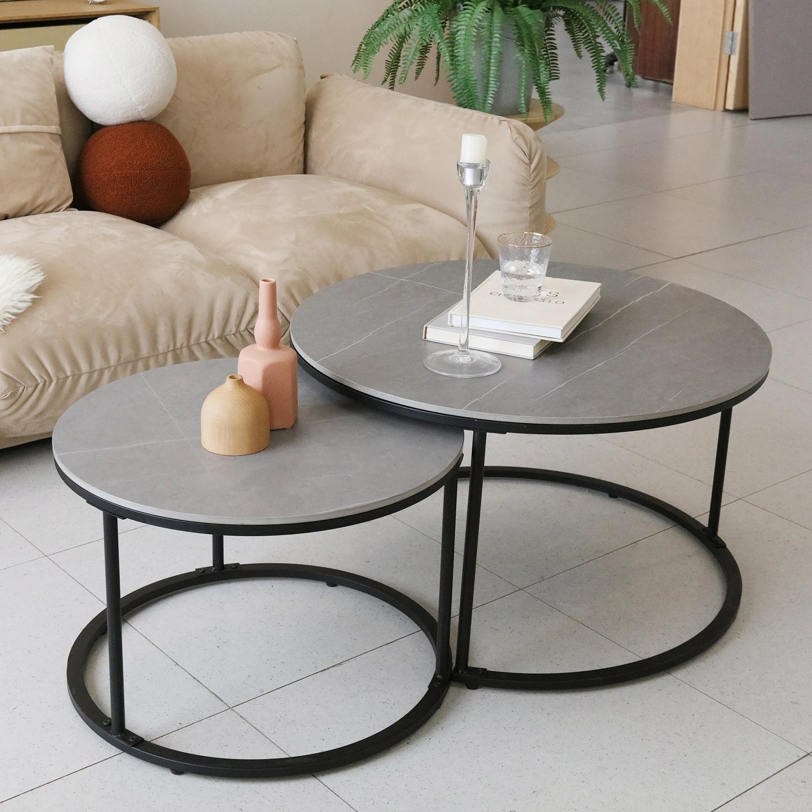 Modern Nesting round Grey Marble Top Coffee Table, Metal Legs